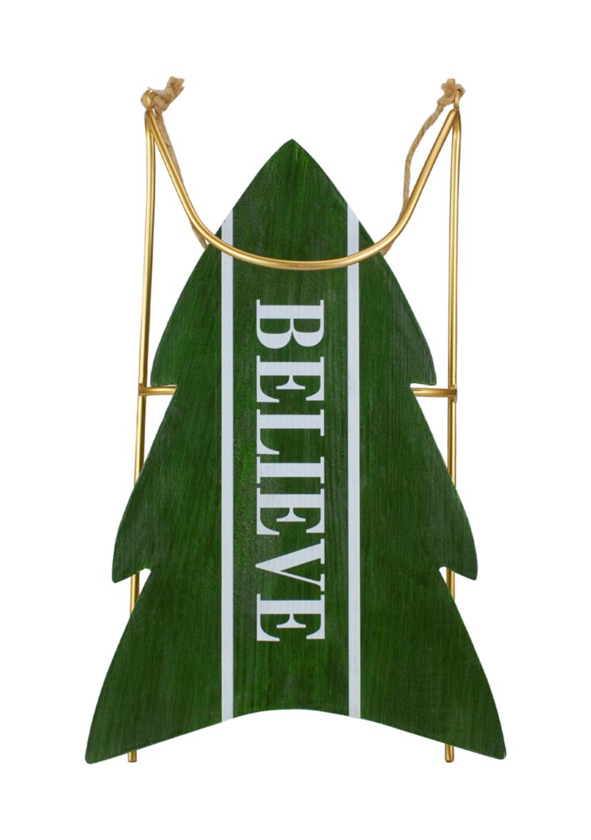18.25Inch Green Wooden InchBELIEVEInch Christmas Snow Sled Decoration