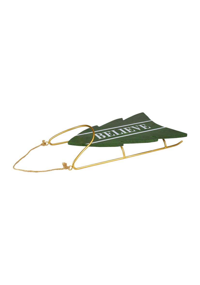 18.25Inch Green Wooden InchBELIEVEInch Christmas Snow Sled Decoration