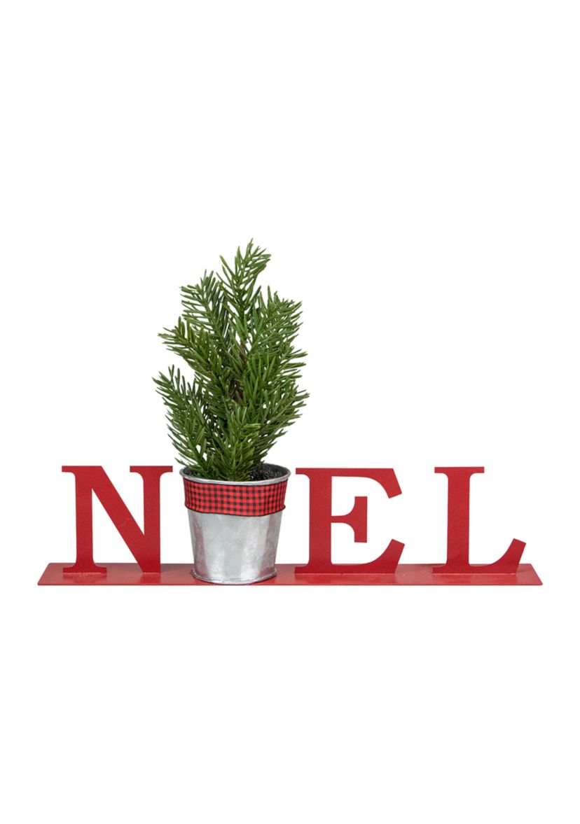13Inch Red InchNOELInch Potted Faux Pine in Metal Planter Christmas Tabletop Plaque
