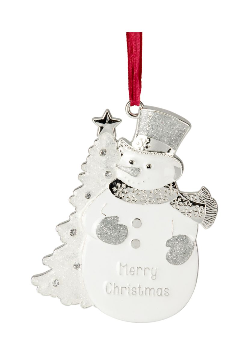 3.5Inch White and Silver-Plated Snowman Merry Christmas Ornament with European Crystals