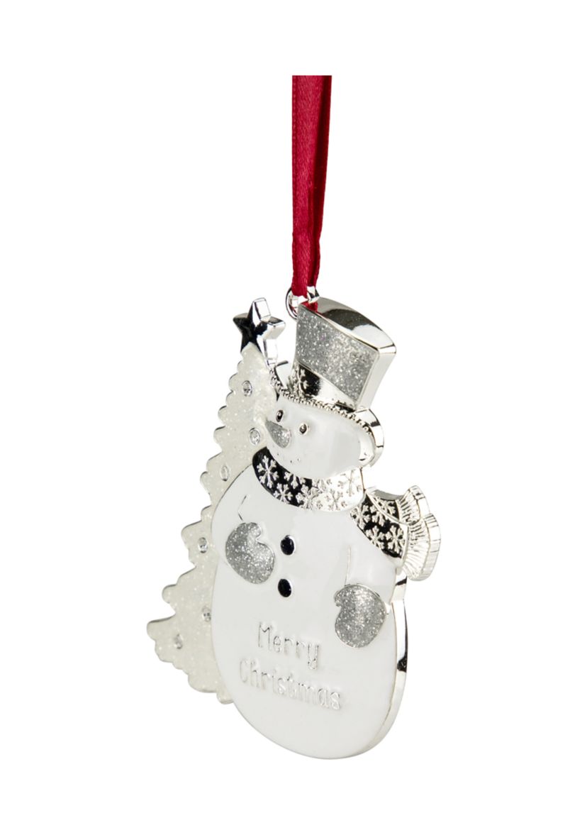 3.5Inch White and Silver-Plated Snowman Merry Christmas Ornament with European Crystals