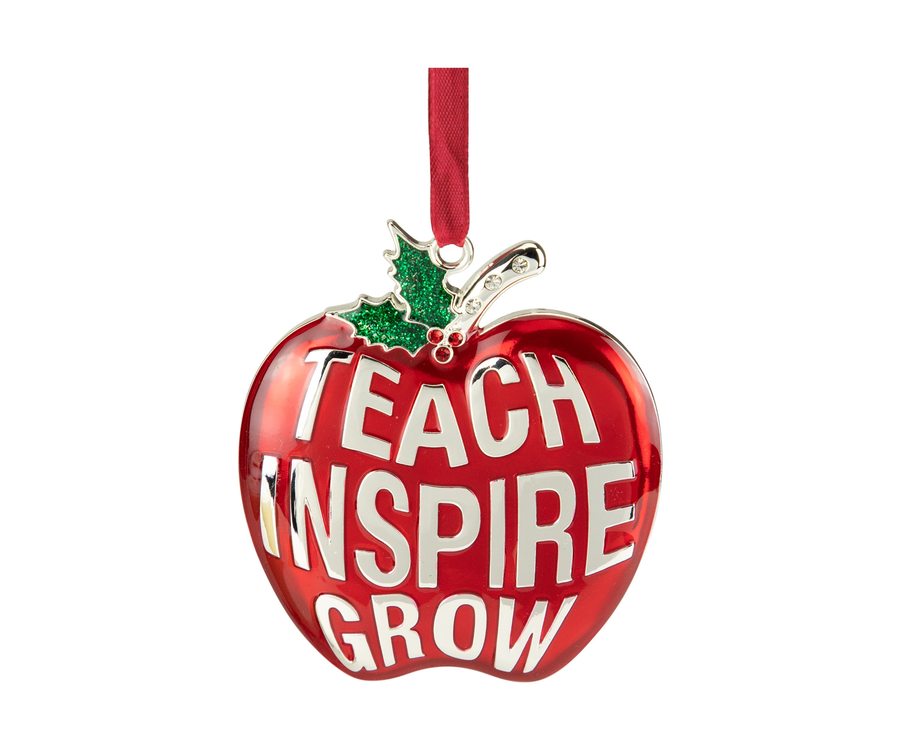 3.25Inch Red and Silver Plated Apple Teacher Christmas Ornament with European Crystals