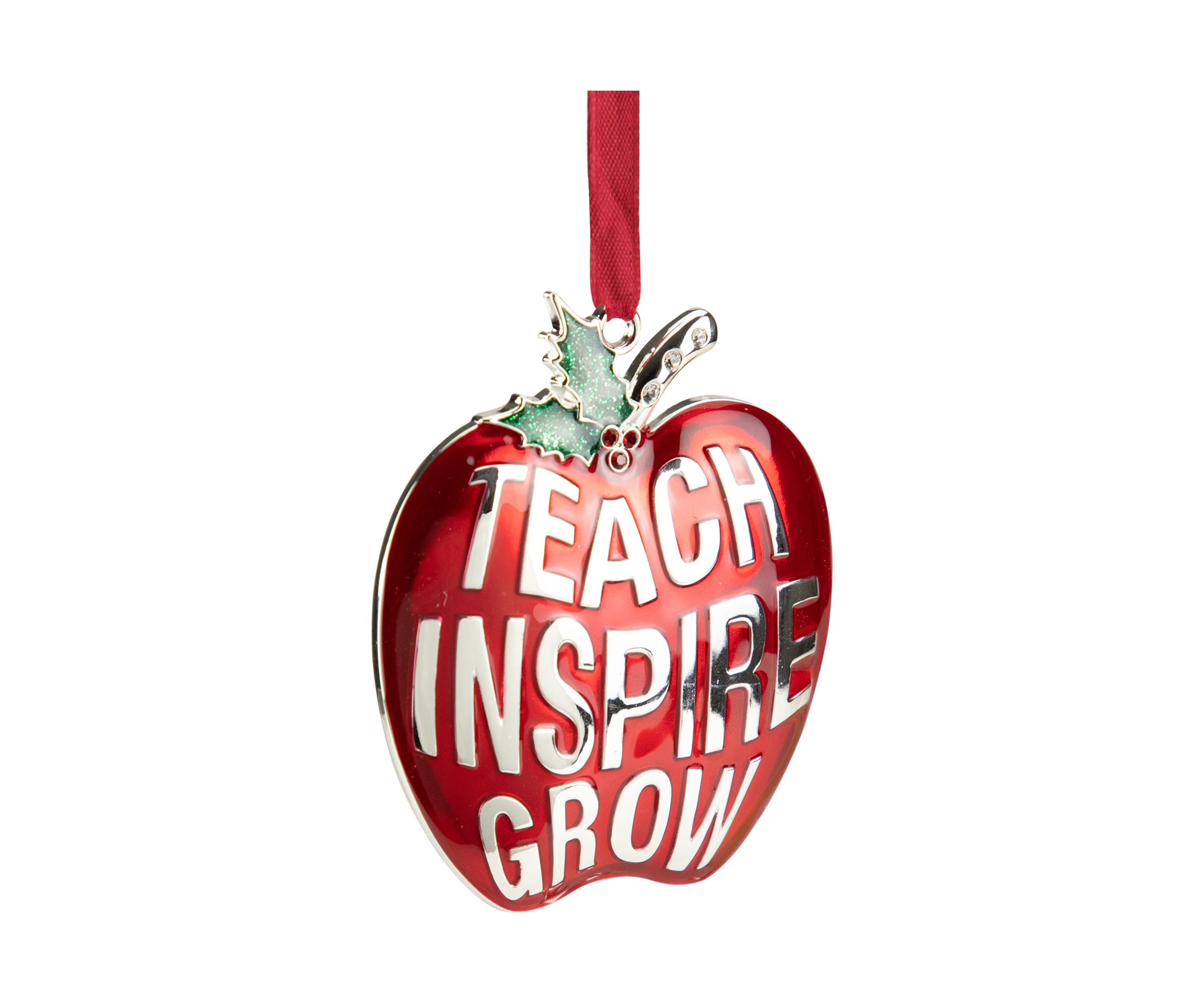 3.25Inch Red and Silver Plated Apple Teacher Christmas Ornament with European Crystals