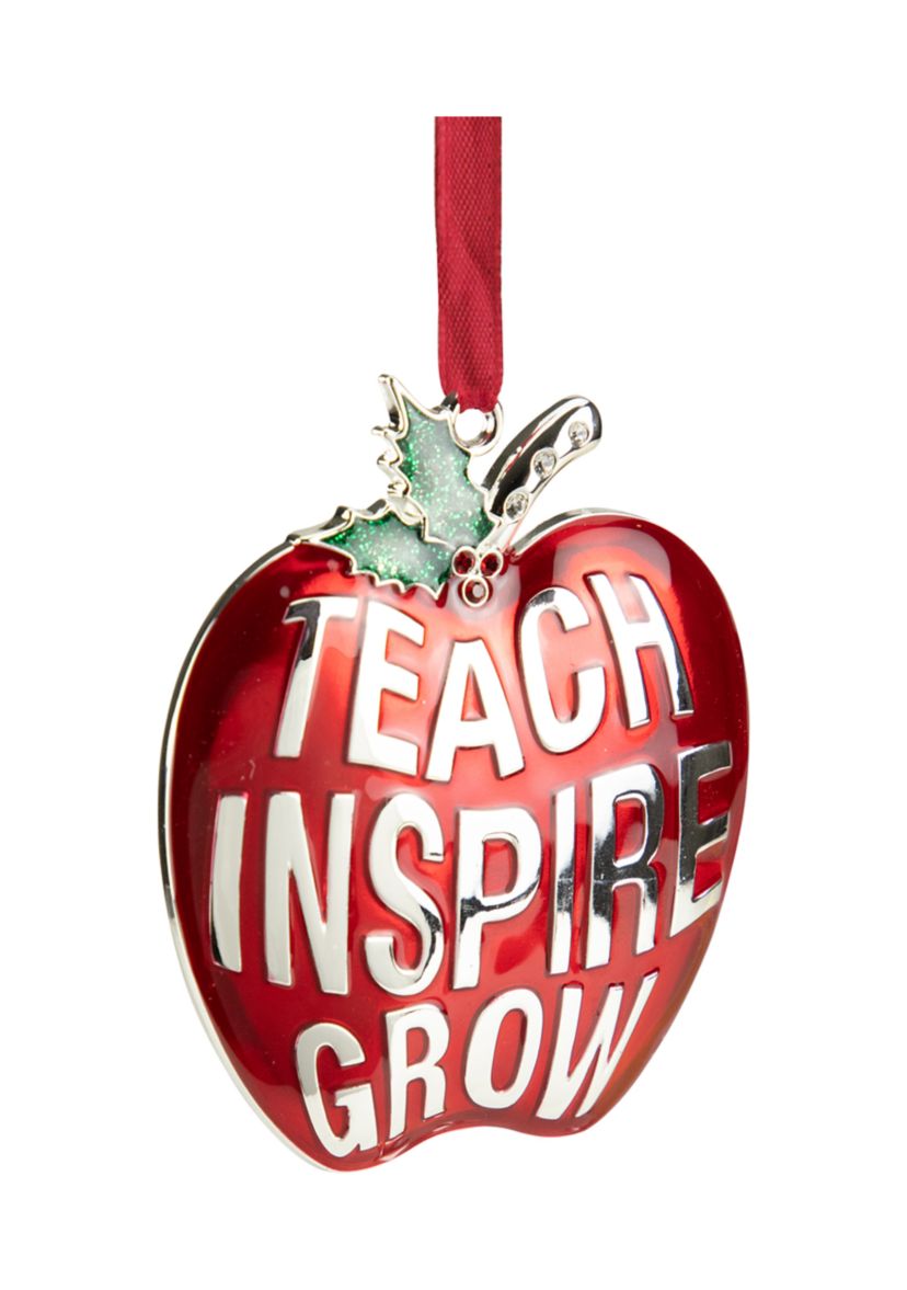 3.25Inch Red and Silver Plated Apple Teacher Christmas Ornament with European Crystals