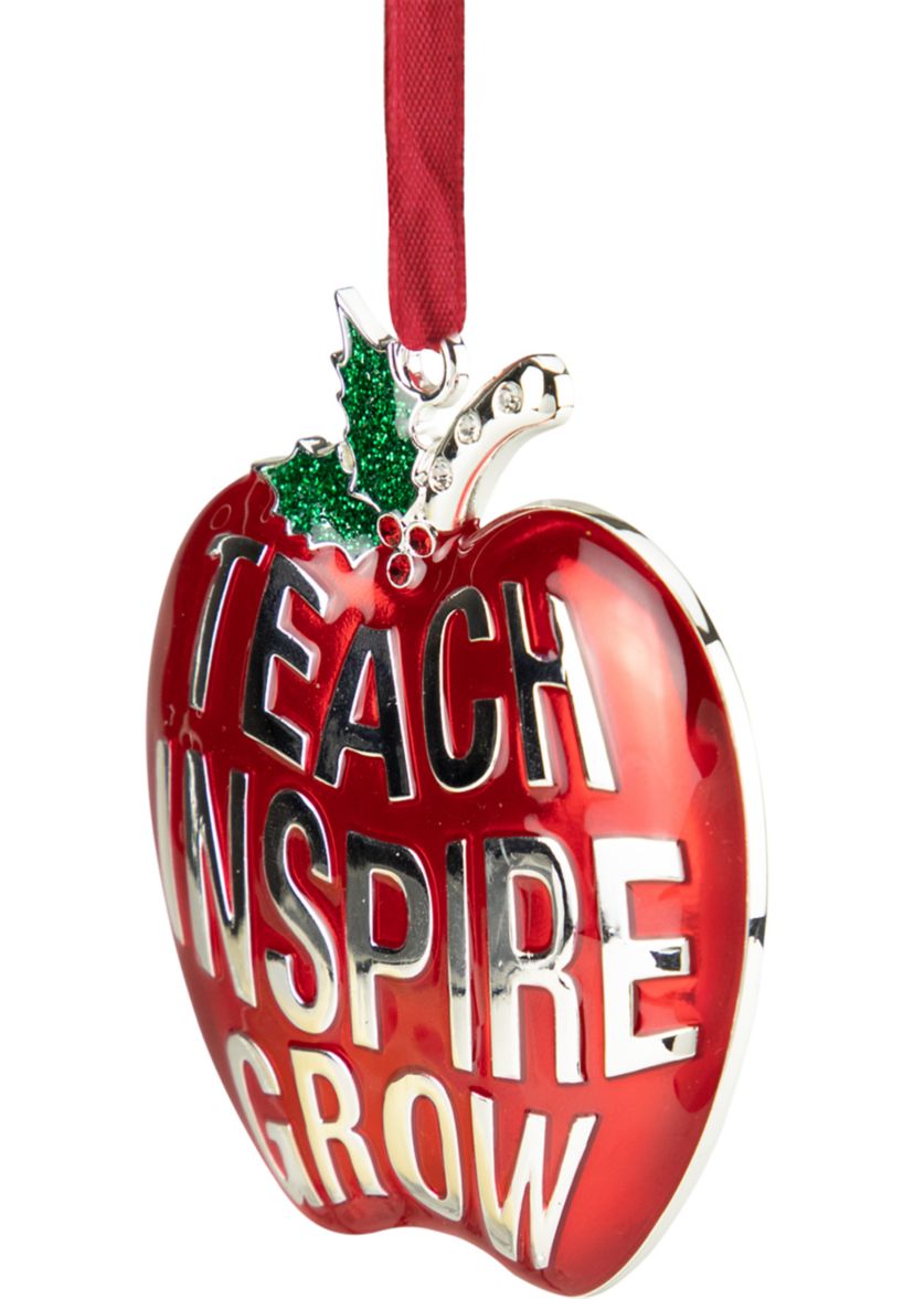 3.25Inch Red and Silver Plated Apple Teacher Christmas Ornament with European Crystals