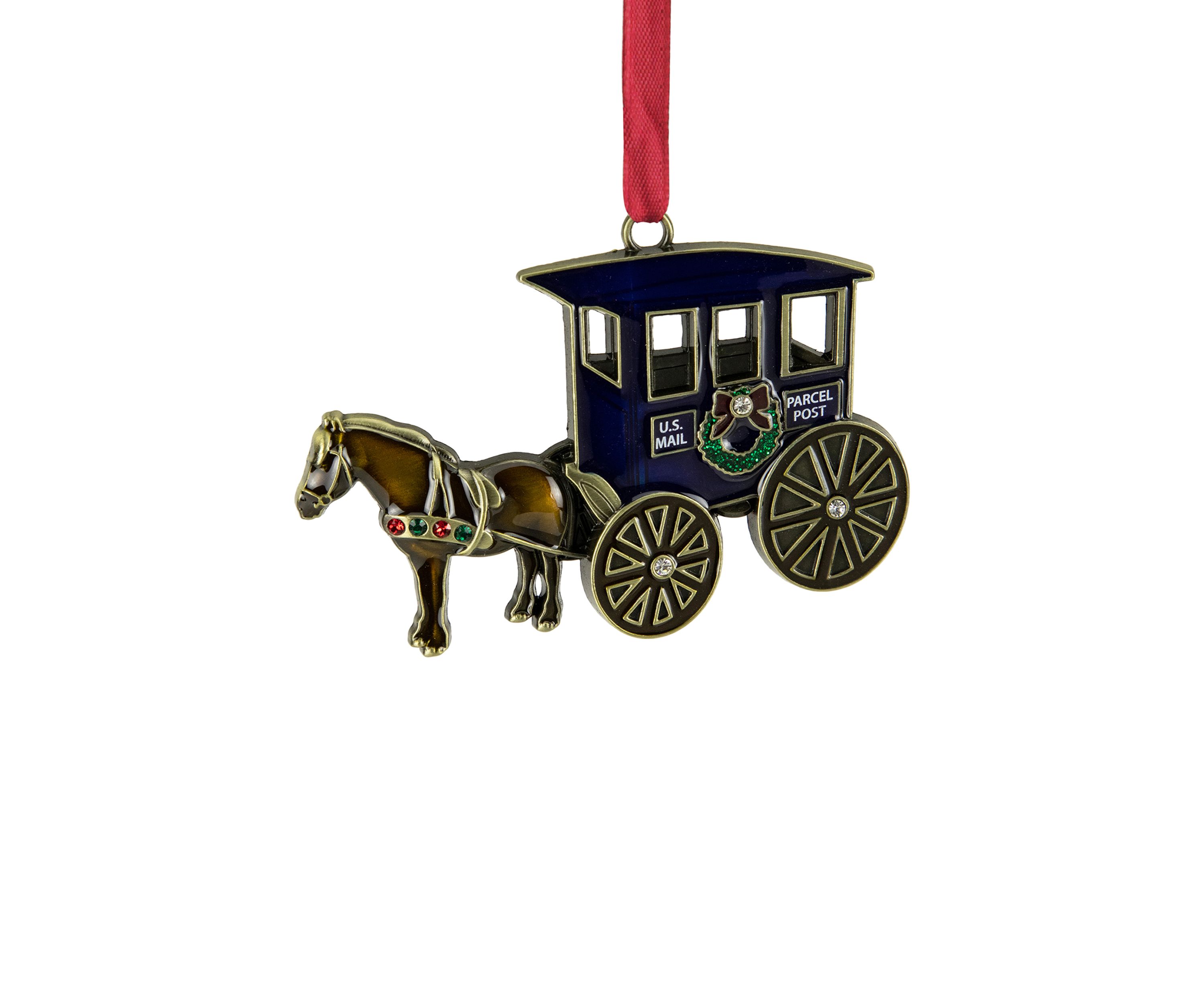 3.25" U.S. Mail Parcel Horse and Buggy Christmas Ornament with European Crystals