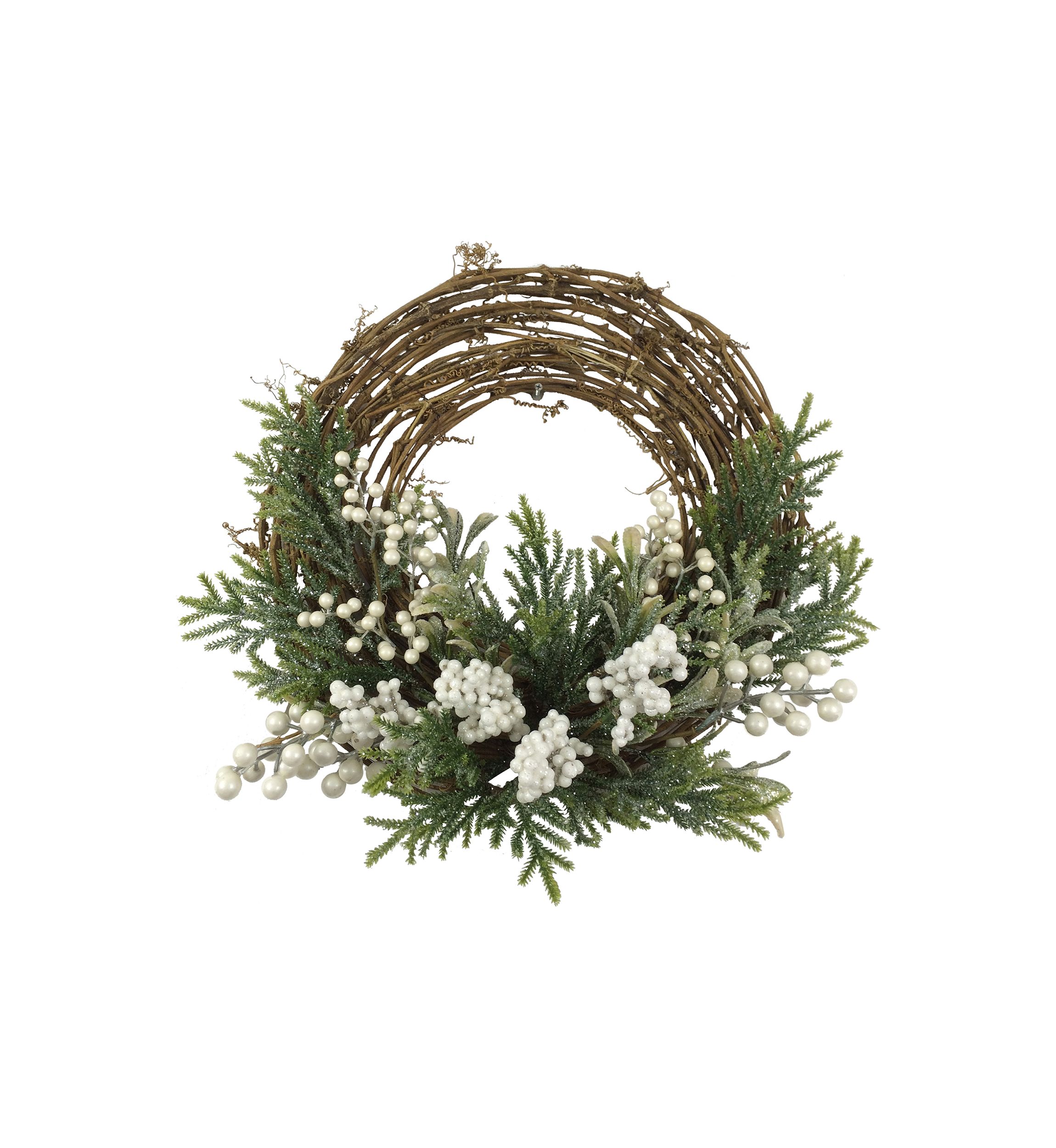 Artificial Christmas Twig Wreath with Frosted Foliage and Berries  24-Inch  Unlit