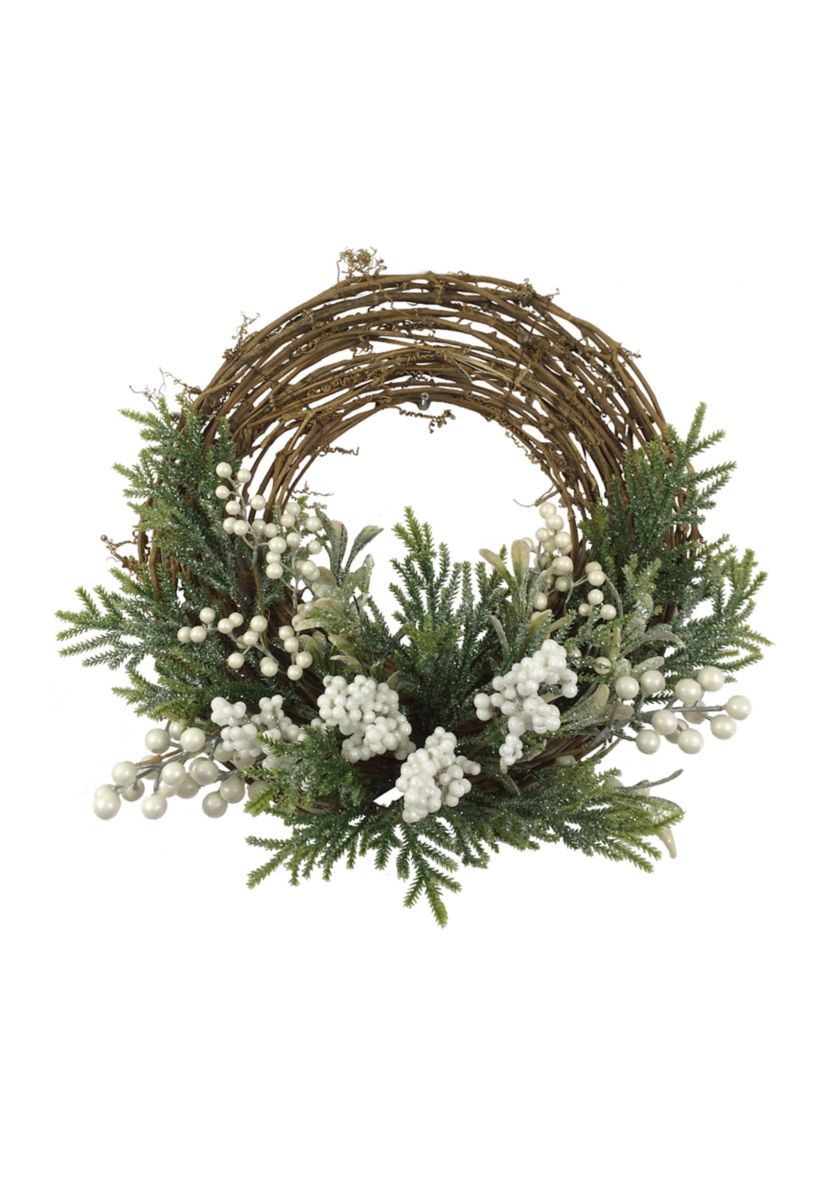 Artificial Christmas Twig Wreath with Frosted Foliage and Berries  24-Inch  Unlit