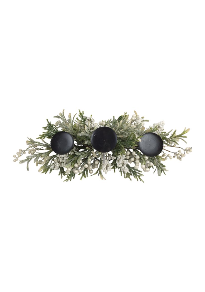 26Inch Triple Candle Holder with Frosted Foliage and Berries Christmas Decor