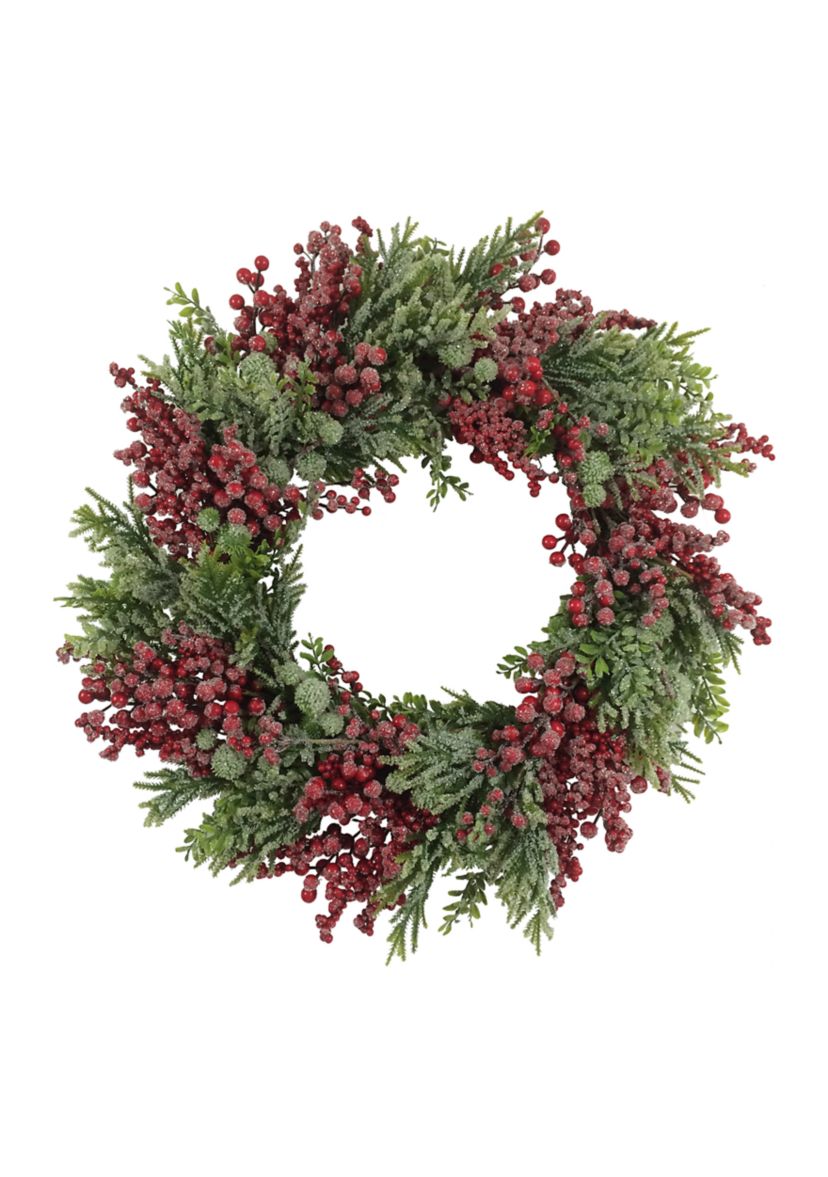 Artificial Frosted Red Berry and Pine Christmas Wreath  28-Inch  Unlit