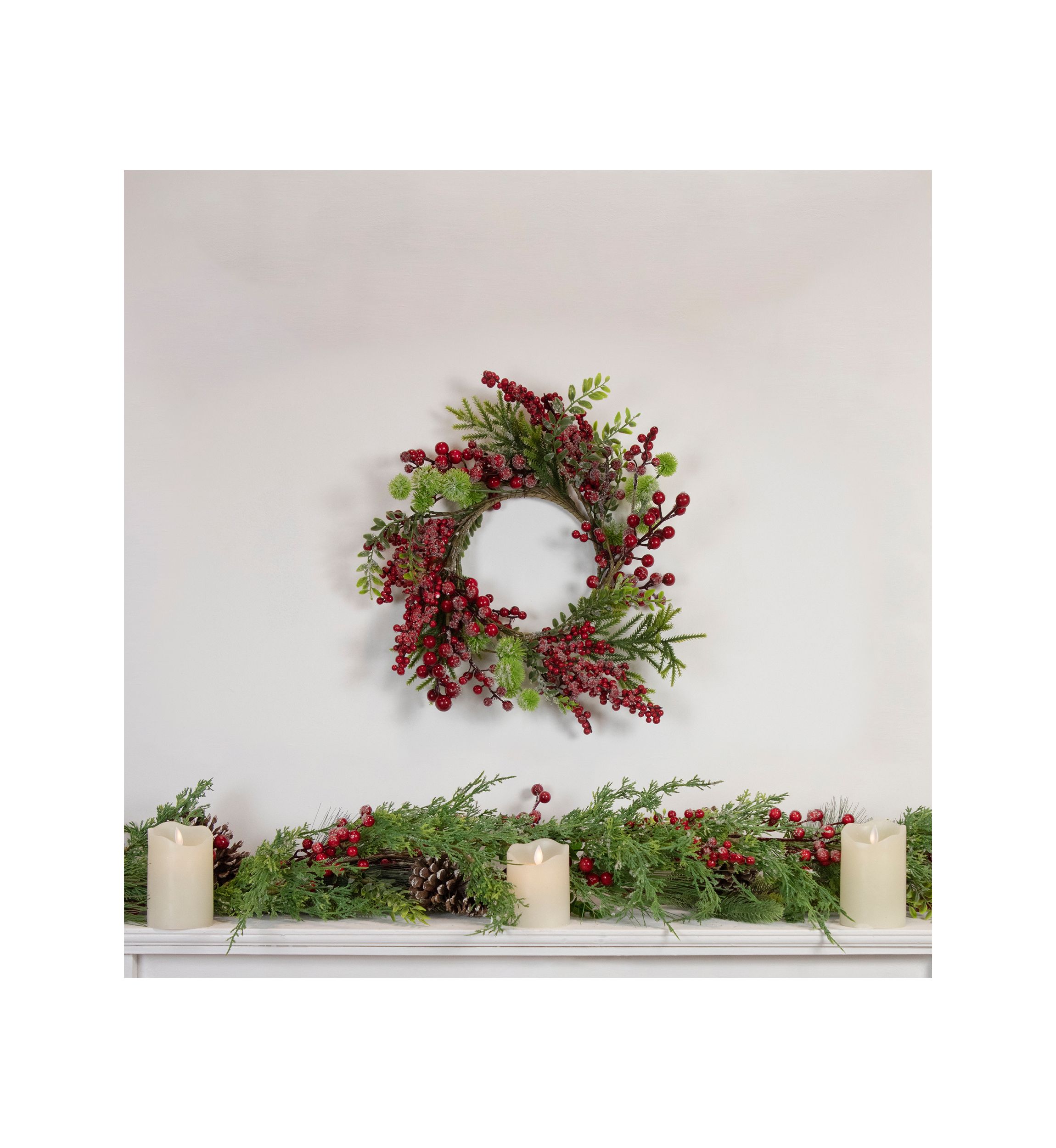Artificial Frosted Red Berry and Pine Christmas Wreath  16-Inch  Unlit
