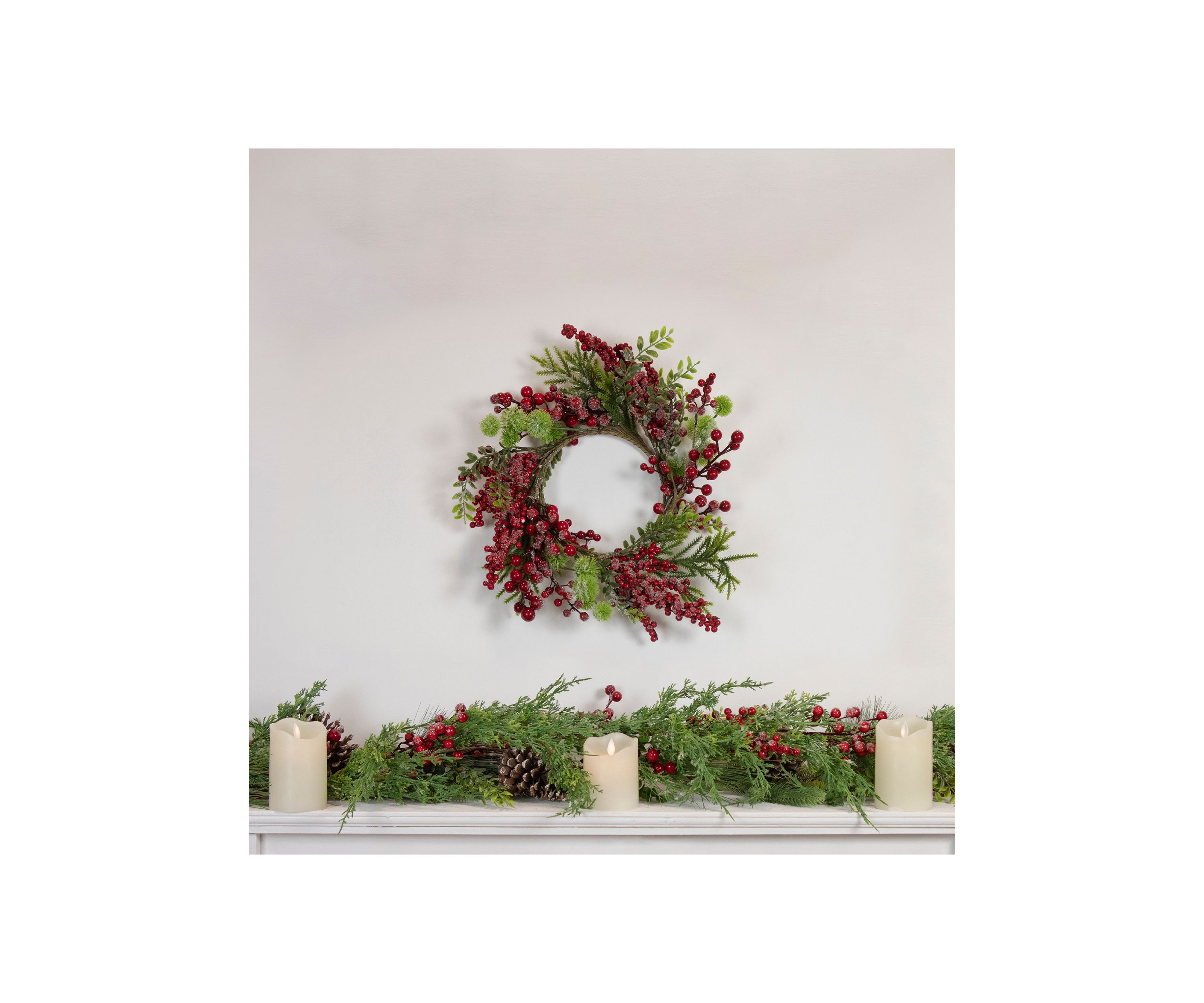 Artificial Frosted Red Berry and Pine Christmas Wreath  16-Inch  Unlit