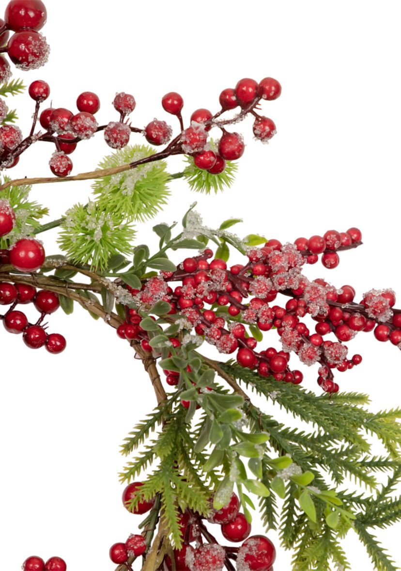 Artificial Frosted Red Berry and Pine Christmas Wreath  16-Inch  Unlit
