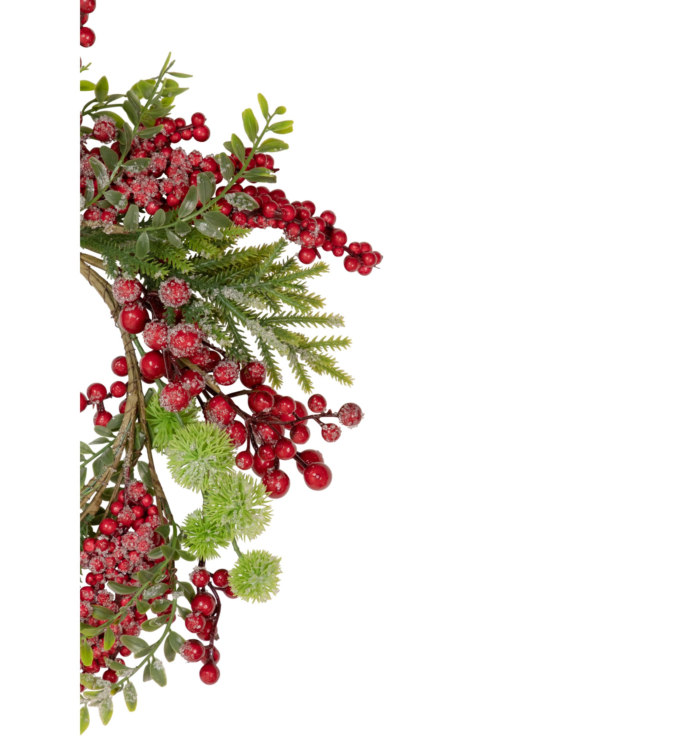 Artificial Frosted Red Berry and Pine Christmas Wreath  16-Inch  Unlit