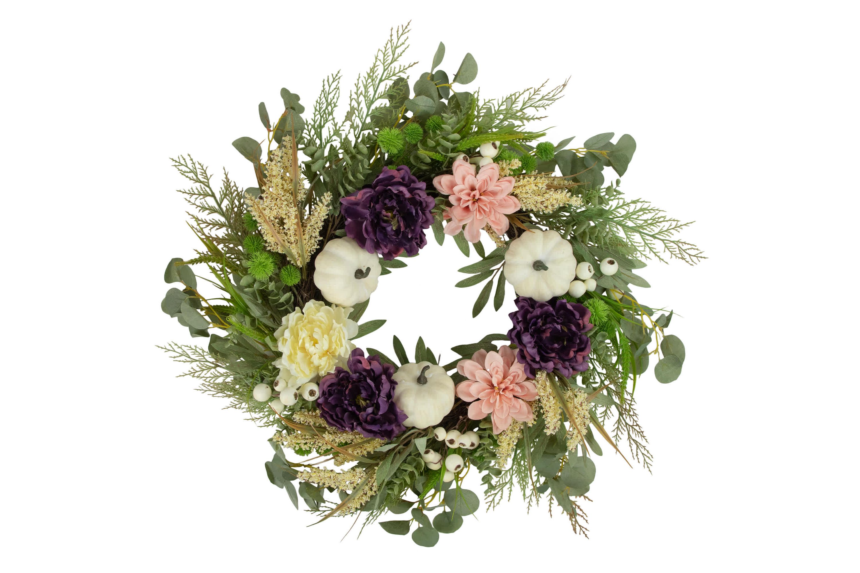 Peony and Pumpkin Artificial Fall Harvest Wreath  24-Inch  Unlit