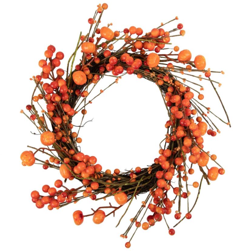 Red and Orange Berries with Mini Pumpkins Fall Harvest Wreath  20-Inch  Unlit