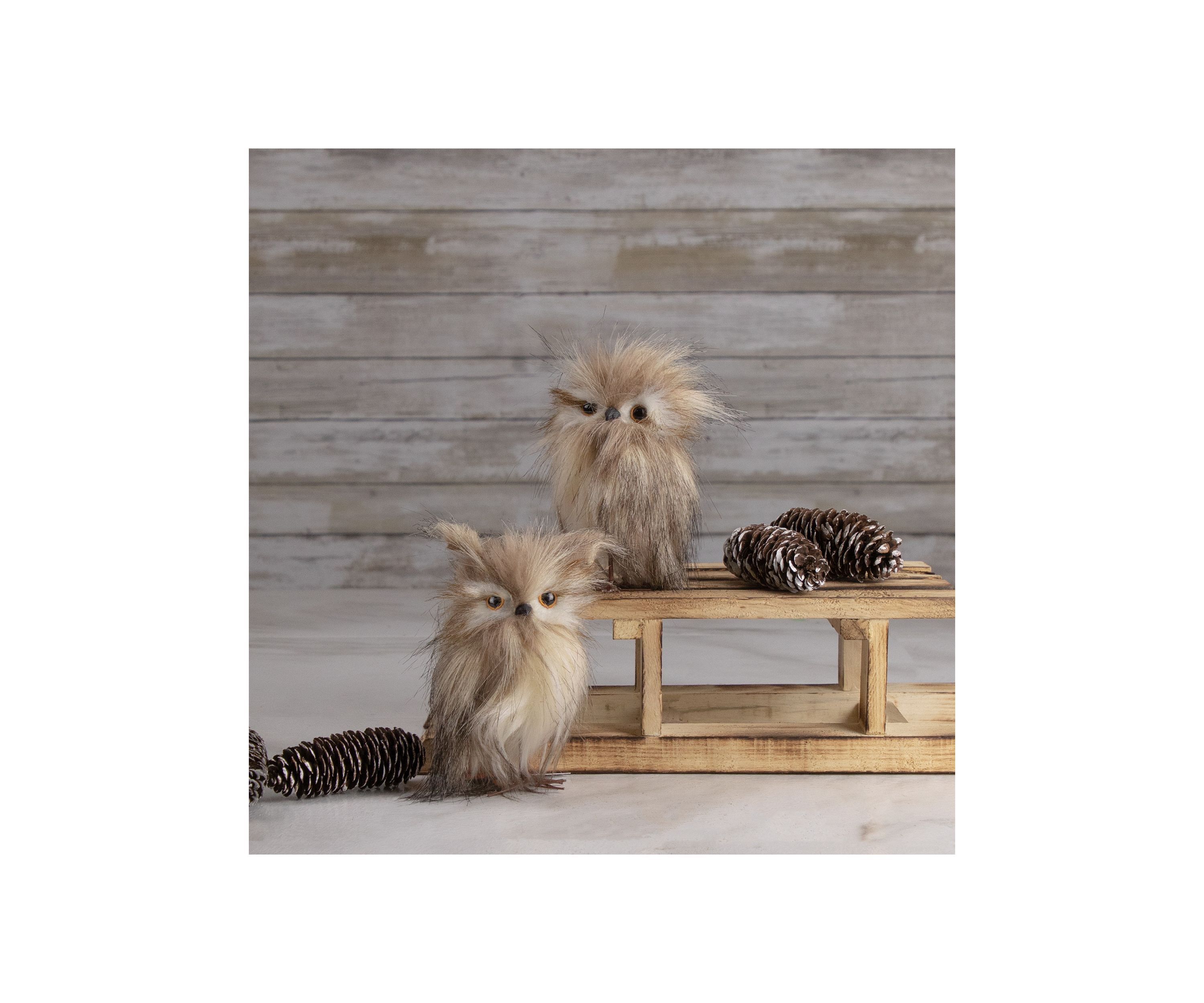 Set of 2 Brown and Ivory Plush Owls Christmas Figures