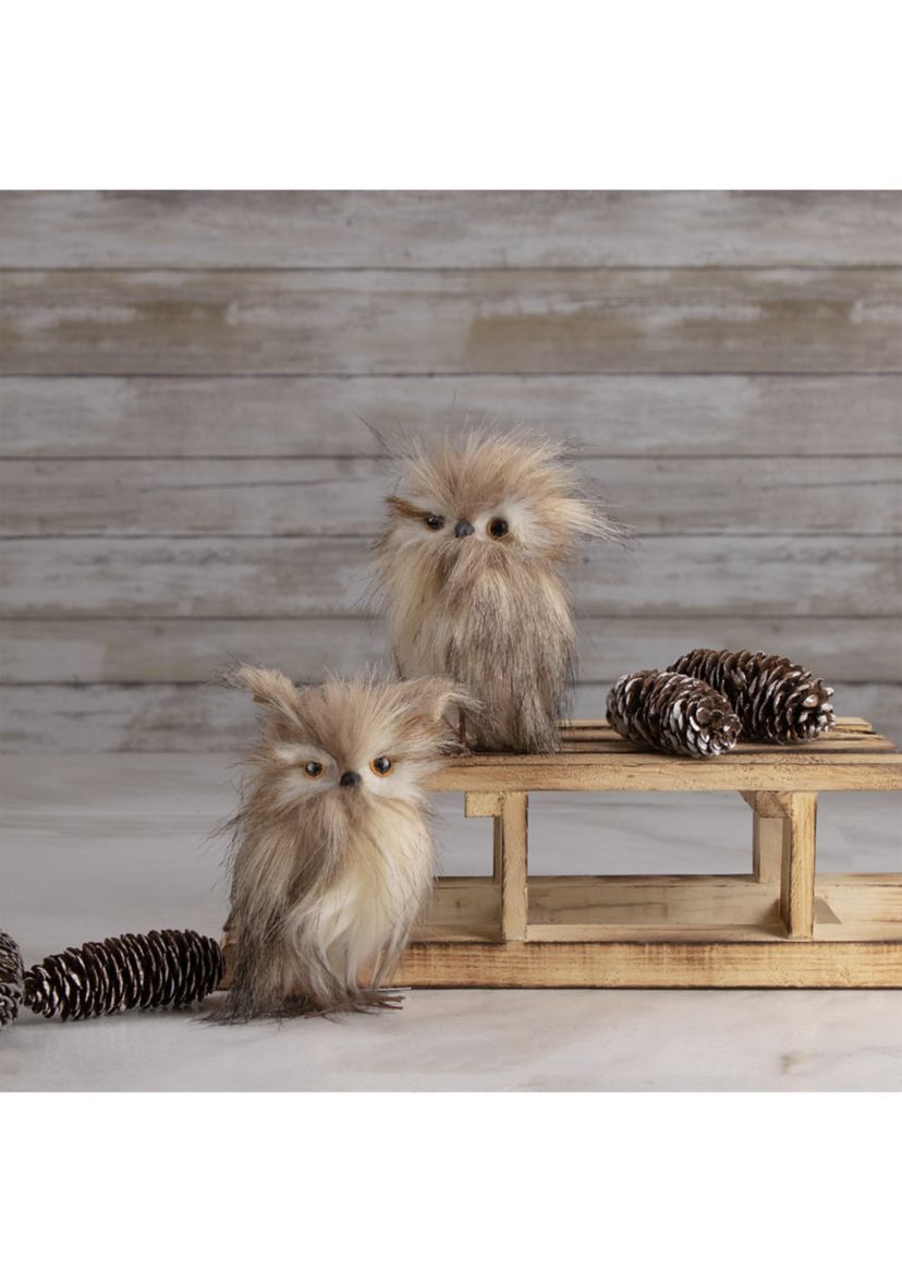 Set of 2 Brown and Ivory Plush Owls Christmas Figures