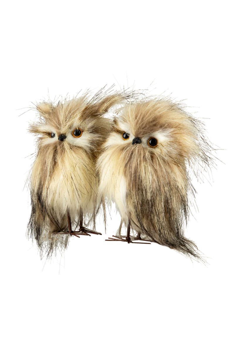 Set of 2 Brown and Ivory Plush Owls Christmas Figures