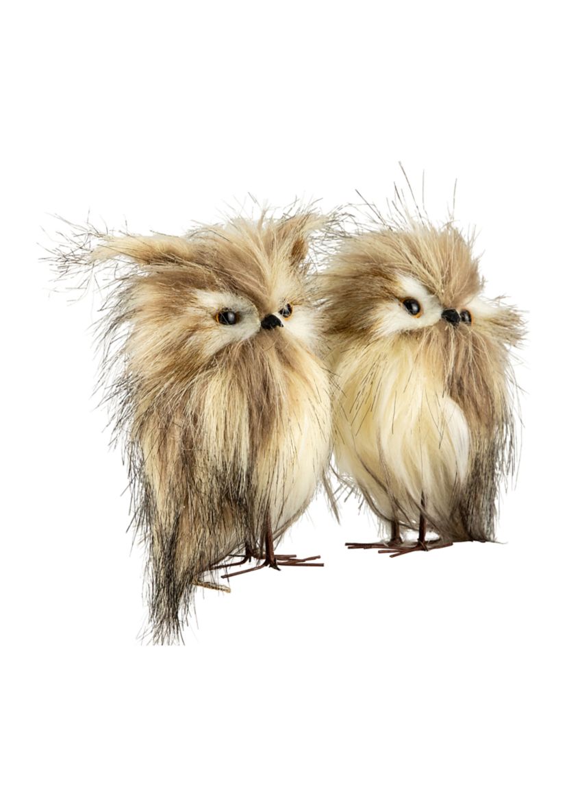 Set of 2 Brown and Ivory Plush Owls Christmas Figures