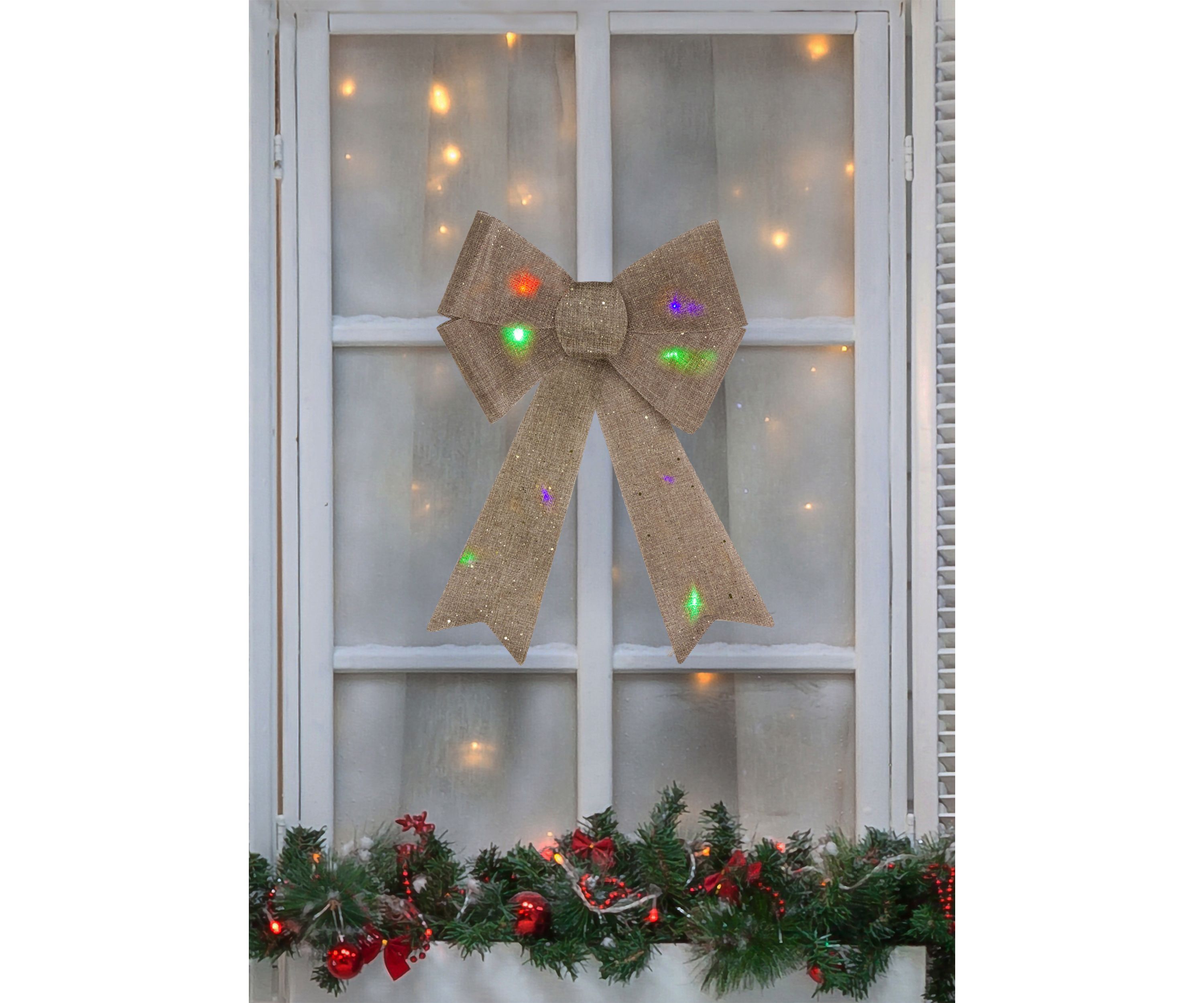 16Inch LED Lighted Gold Glitter Burlap Bow Christmas Decoration with Color Changing Lights