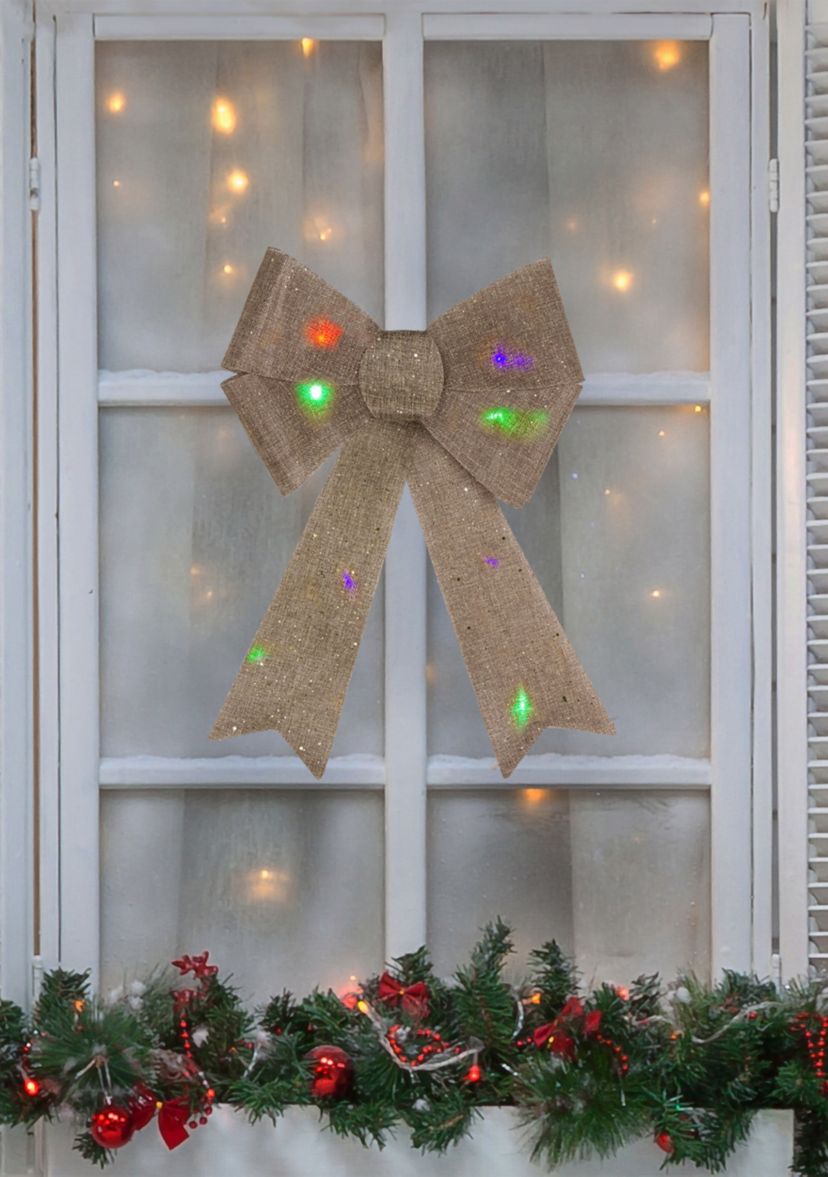 16Inch LED Lighted Gold Glitter Burlap Bow Christmas Decoration with Color Changing Lights