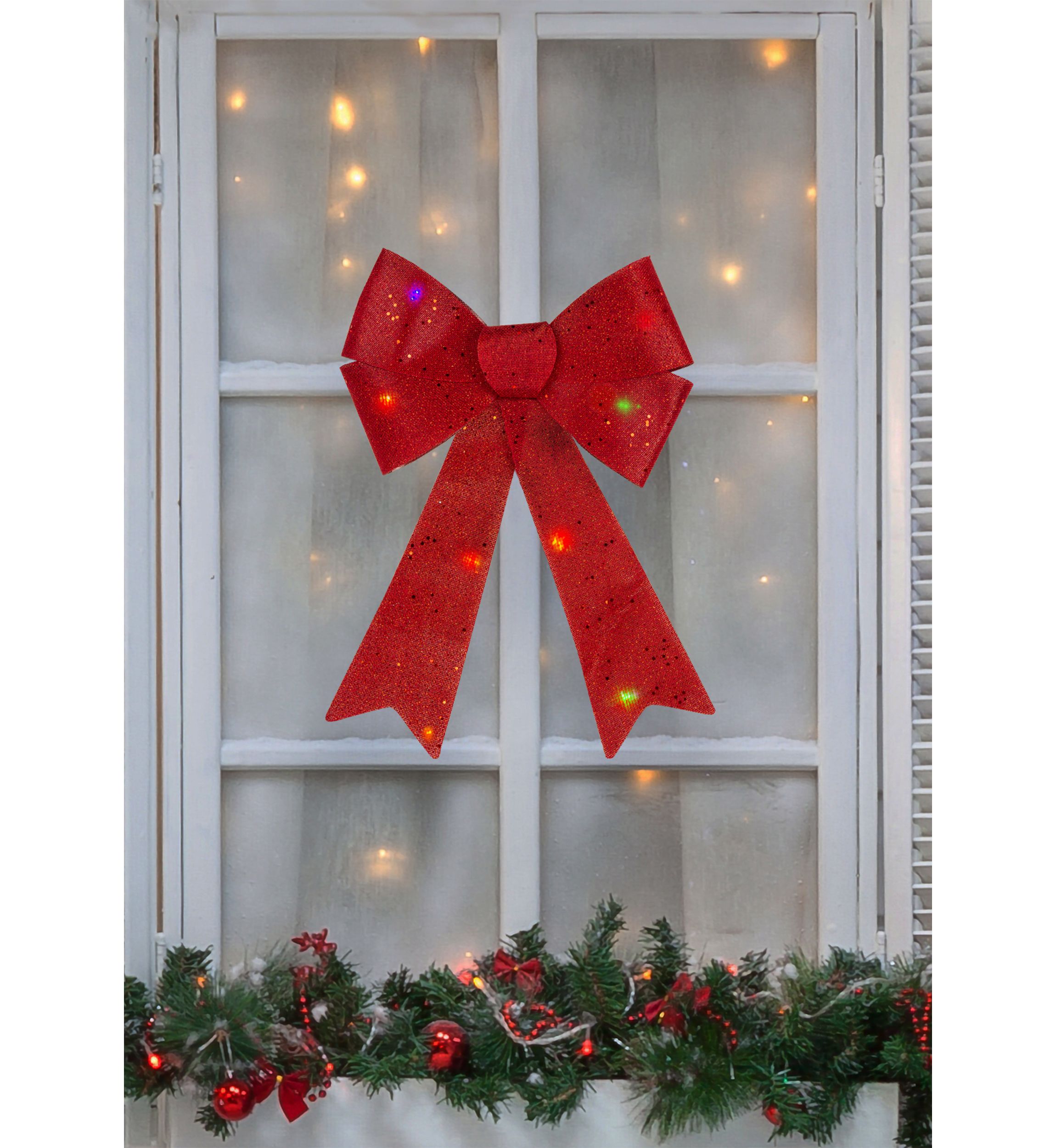 16Inch LED Lighted Red Burlap Bow Christmas Decoration with Color Changing Lights