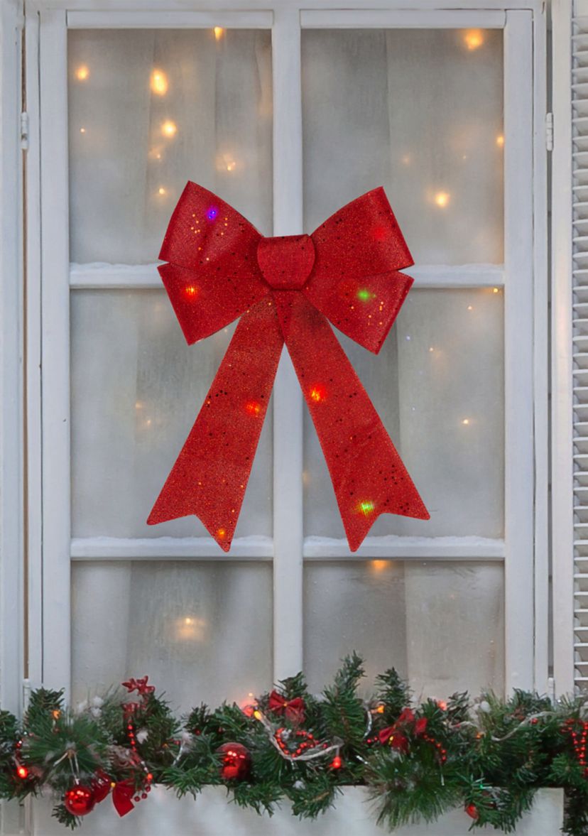 16Inch LED Lighted Red Burlap Bow Christmas Decoration with Color Changing Lights