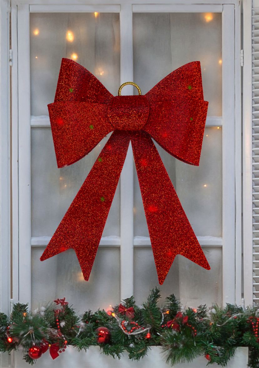 23Inch LED Lighted Red Tinsel Bow Christmas Decoration with Color Changing Lights
