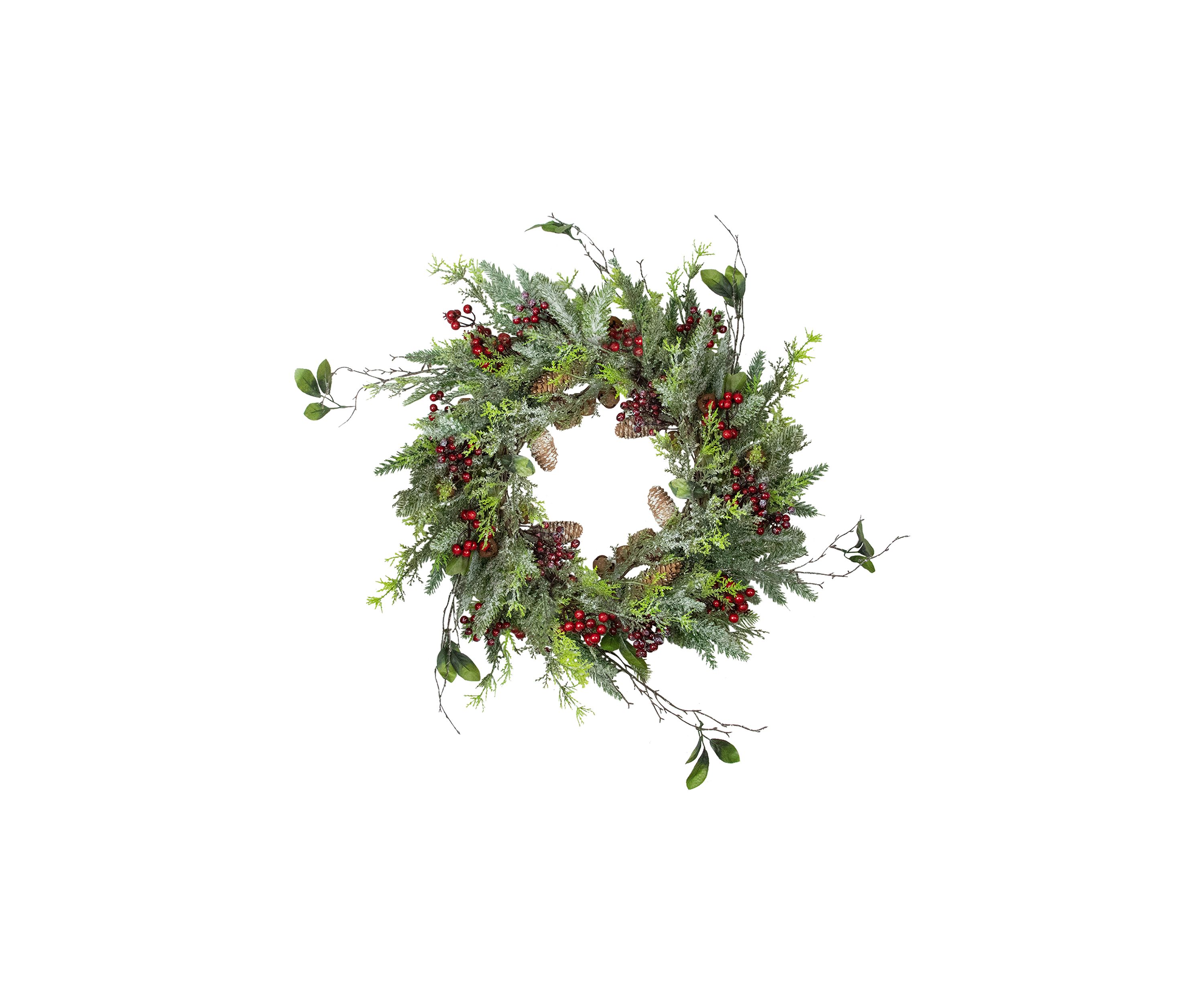Frosted Pine and Berry Artificial Christmas Wreath  25-Inch  Unlit