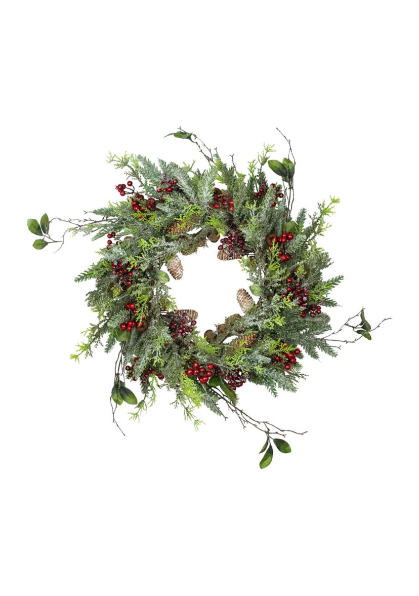 Frosted Pine and Berry Artificial Christmas Wreath  25-Inch  Unlit