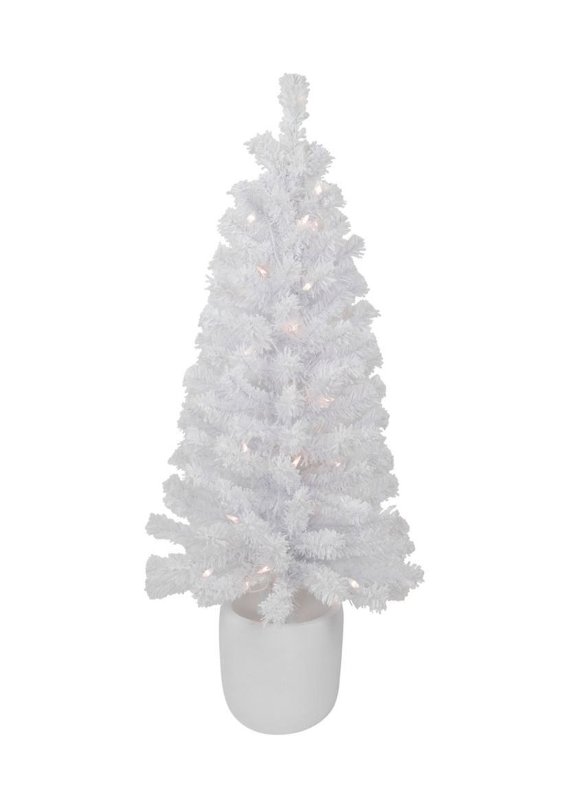3.5 Pre-Lit Potted Flocked Winter Pine White Tinsel Artificial Christmas Tree  Clear Lights
