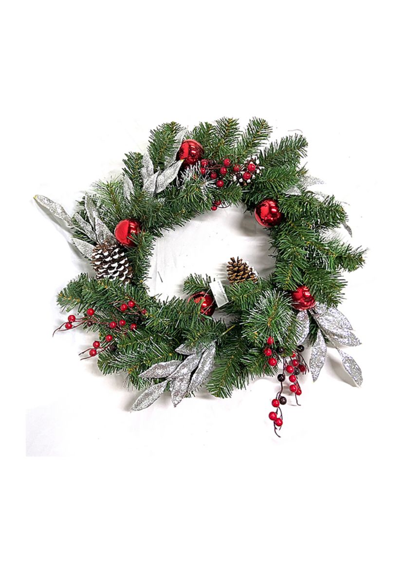 24Inch Pre-Lit Decorated Frosted Pine Cone and Berries Artificial Christmas Wreath