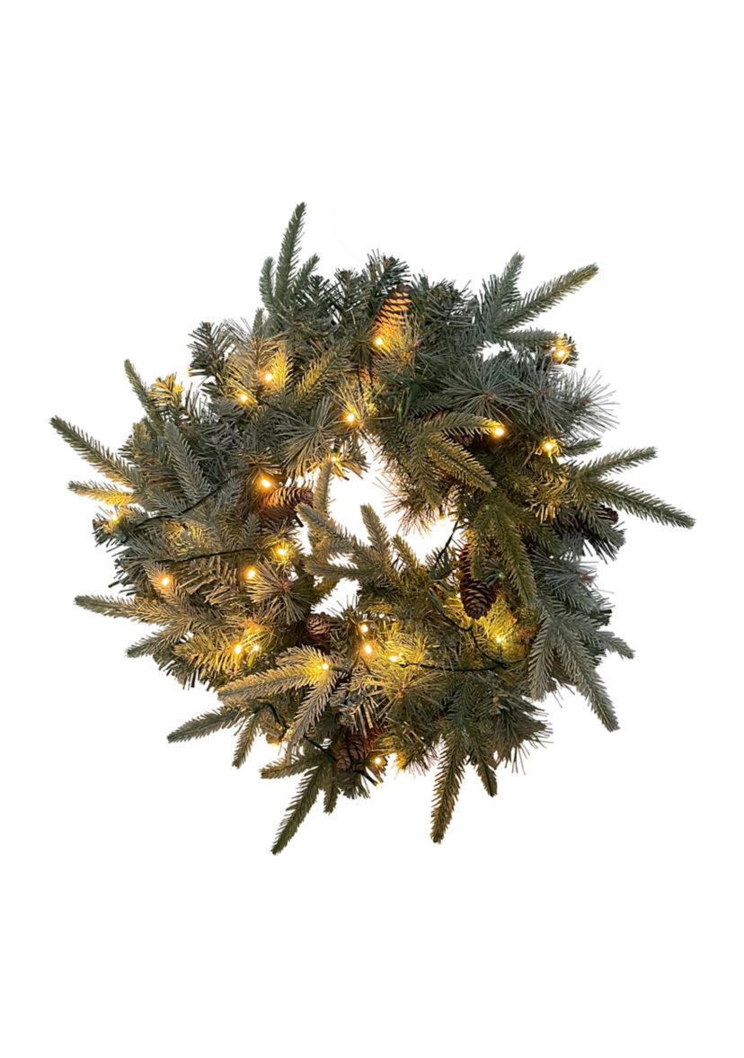 24Inch Pre-Lit Artificial Mixed Pine and Pine Cone Christmas Wreath
