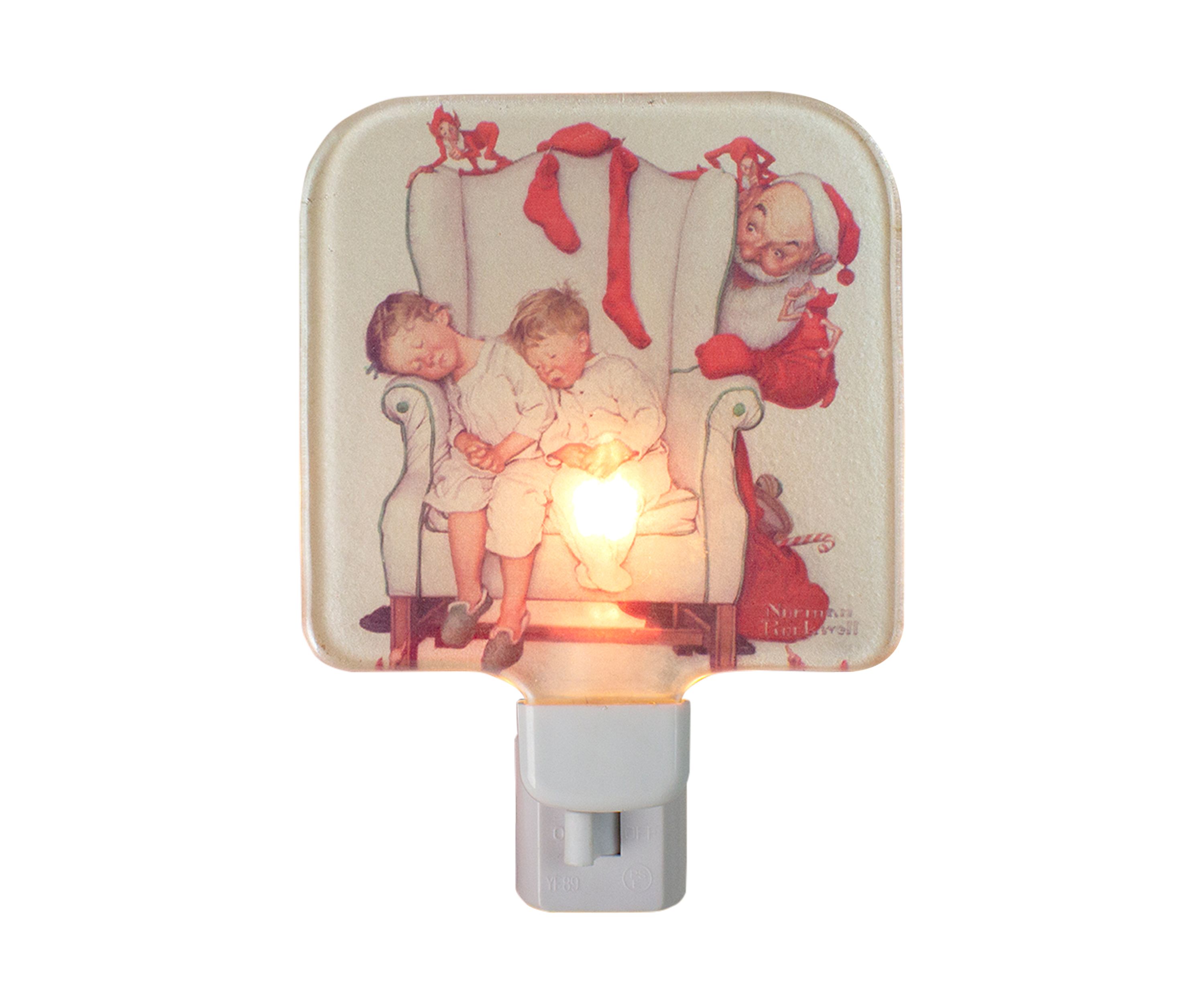 6Inch Norman Rockwell Santa Looking at Two Sleeping Children Glass Christmas Night Light