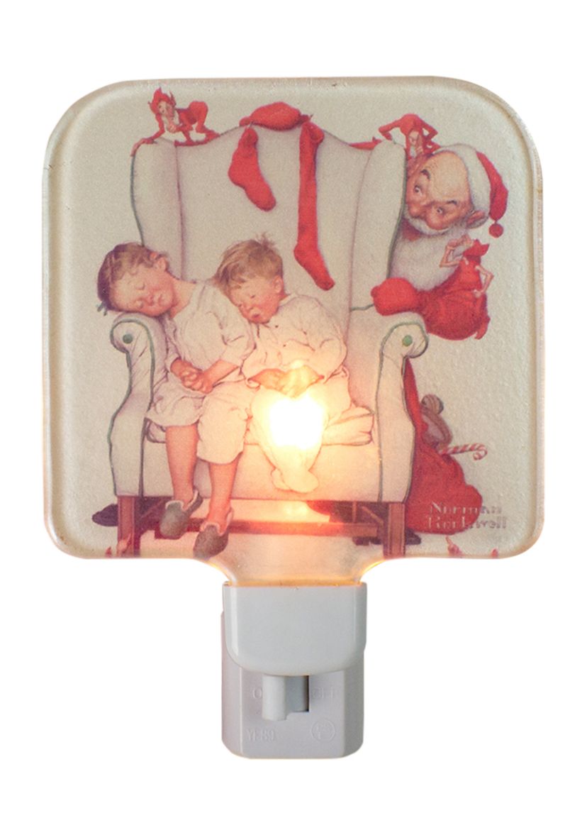 6Inch Norman Rockwell Santa Looking at Two Sleeping Children Glass Christmas Night Light