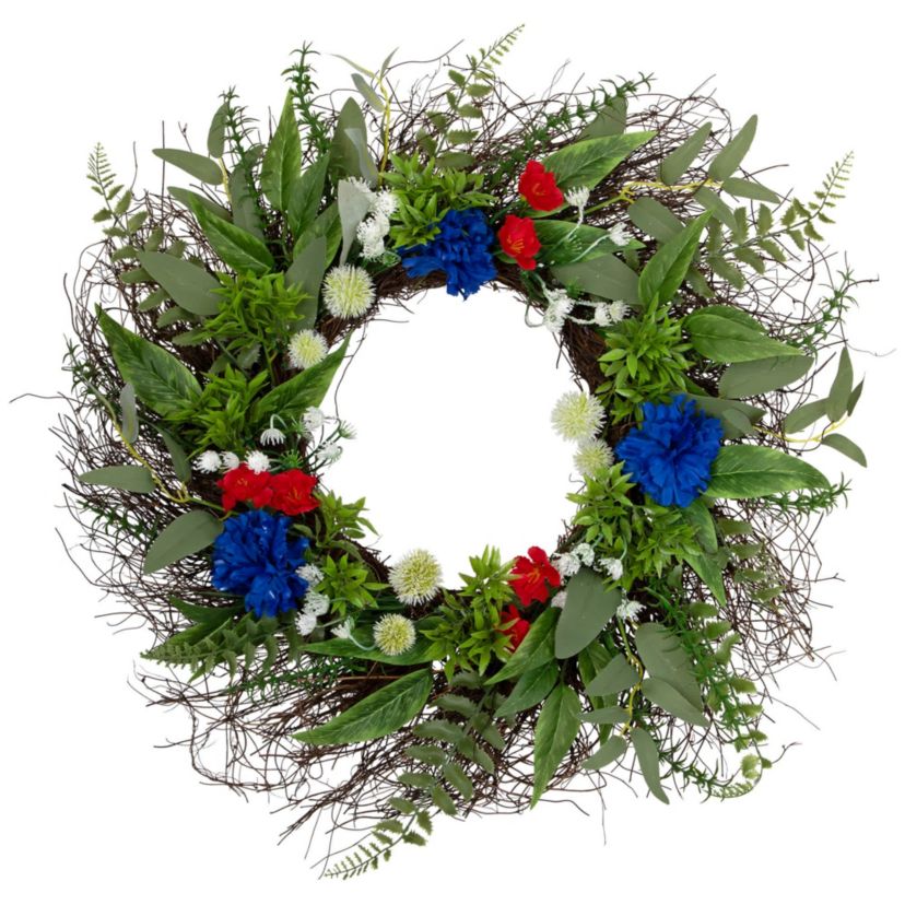 Americana Mixed Floral Patriotic Wreath  24-Inch  Unlit