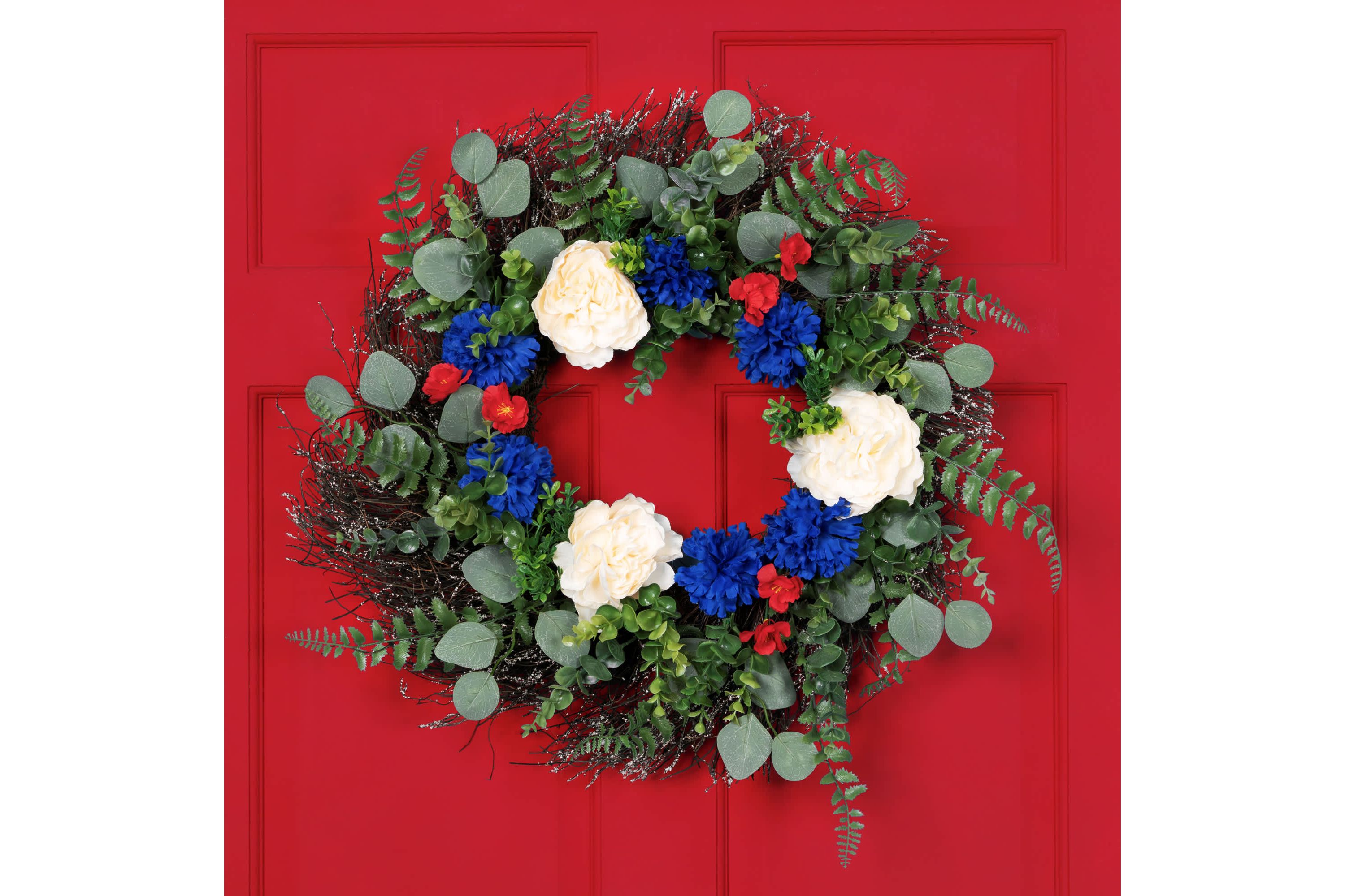 Americana Mixed Foliage and Florals Artificial Patriotic Wreath - 24"- Unlit