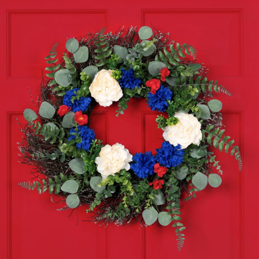 Americana Mixed Foliage and Florals Artificial Patriotic Wreath - 24"- Unlit