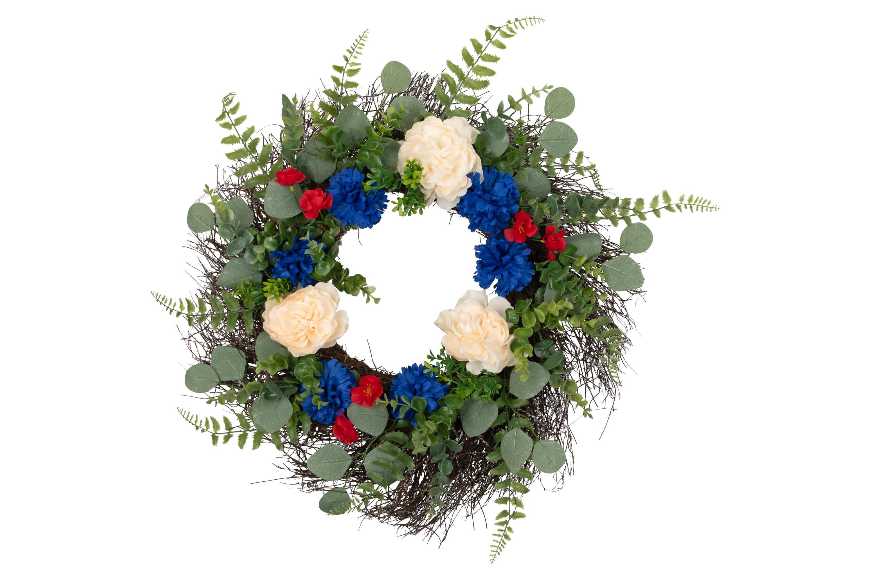 Americana Mixed Foliage and Florals Artificial Patriotic Wreath - 24"- Unlit