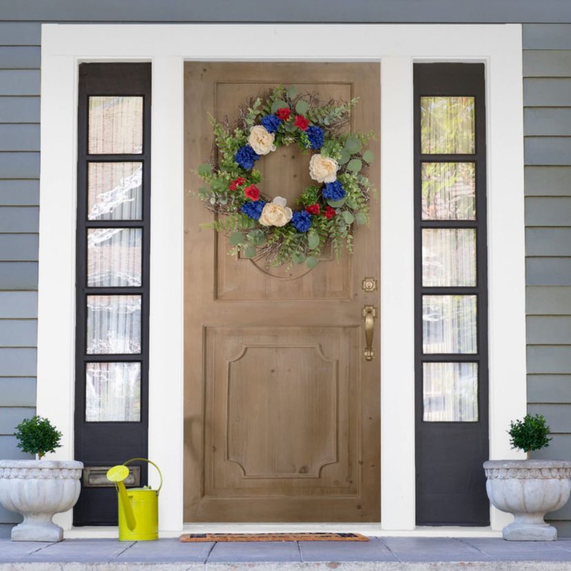 Americana Mixed Foliage and Florals Artificial Patriotic Wreath - 24"- Unlit