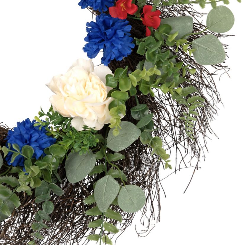 Americana Mixed Foliage and Florals Artificial Patriotic Wreath - 24"- Unlit