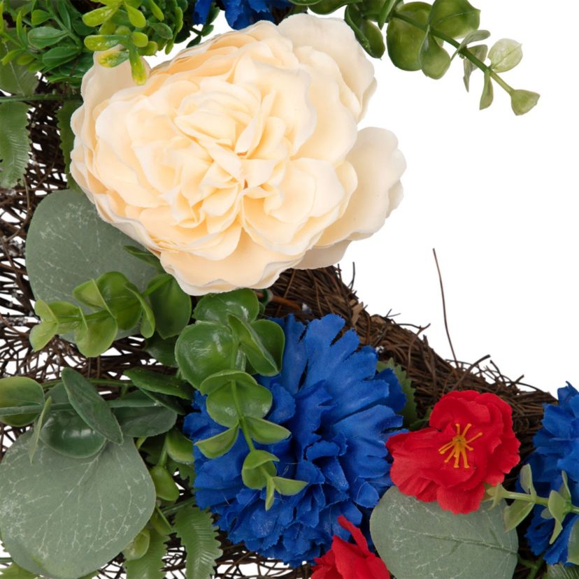 Americana Mixed Foliage and Florals Artificial Patriotic Wreath - 24"- Unlit