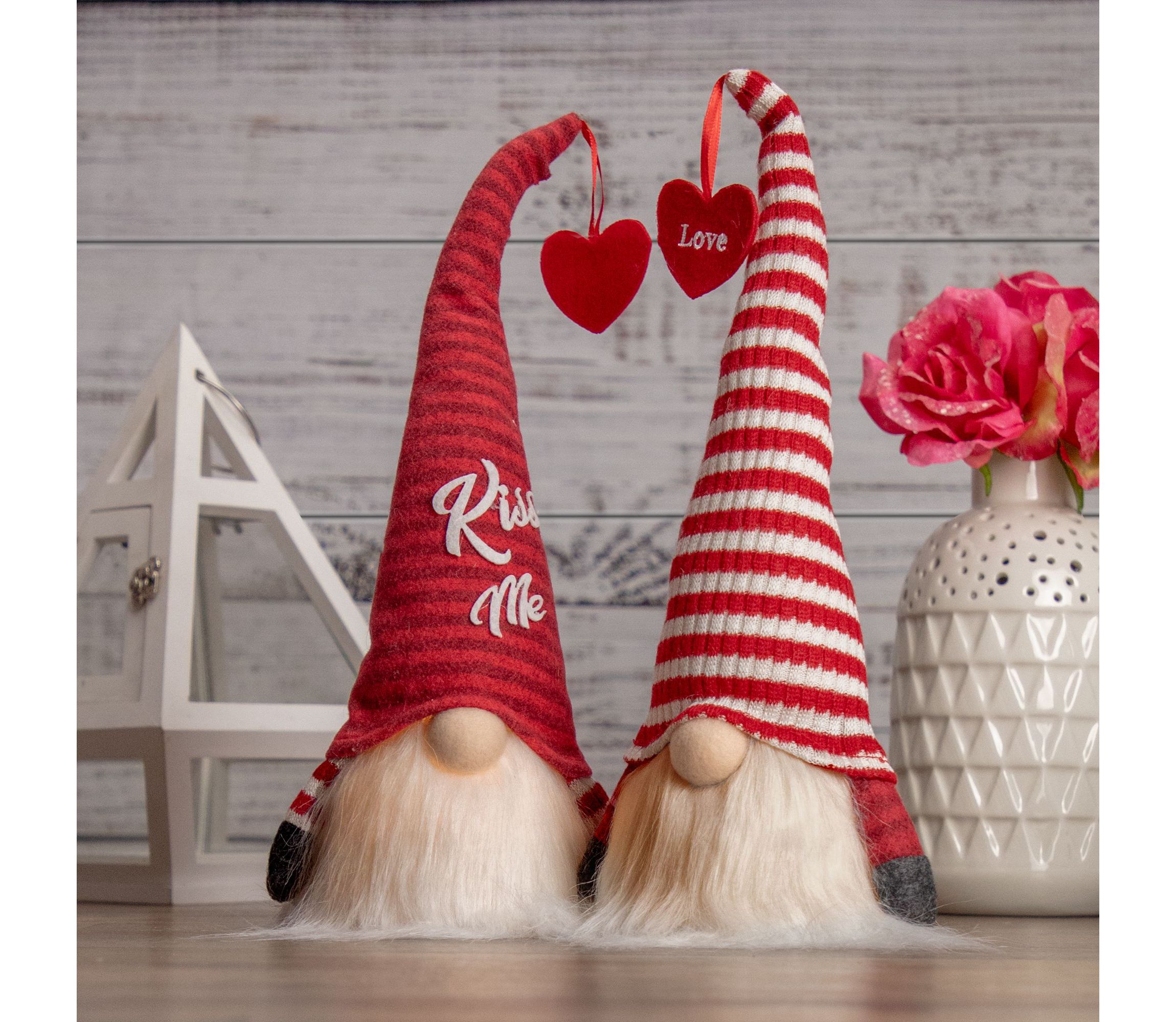 14" Lighted Red Striped Kiss Me Valentines Day Gnome