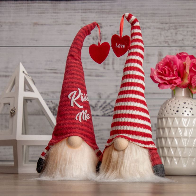 14" Lighted Red Striped Kiss Me Valentines Day Gnome
