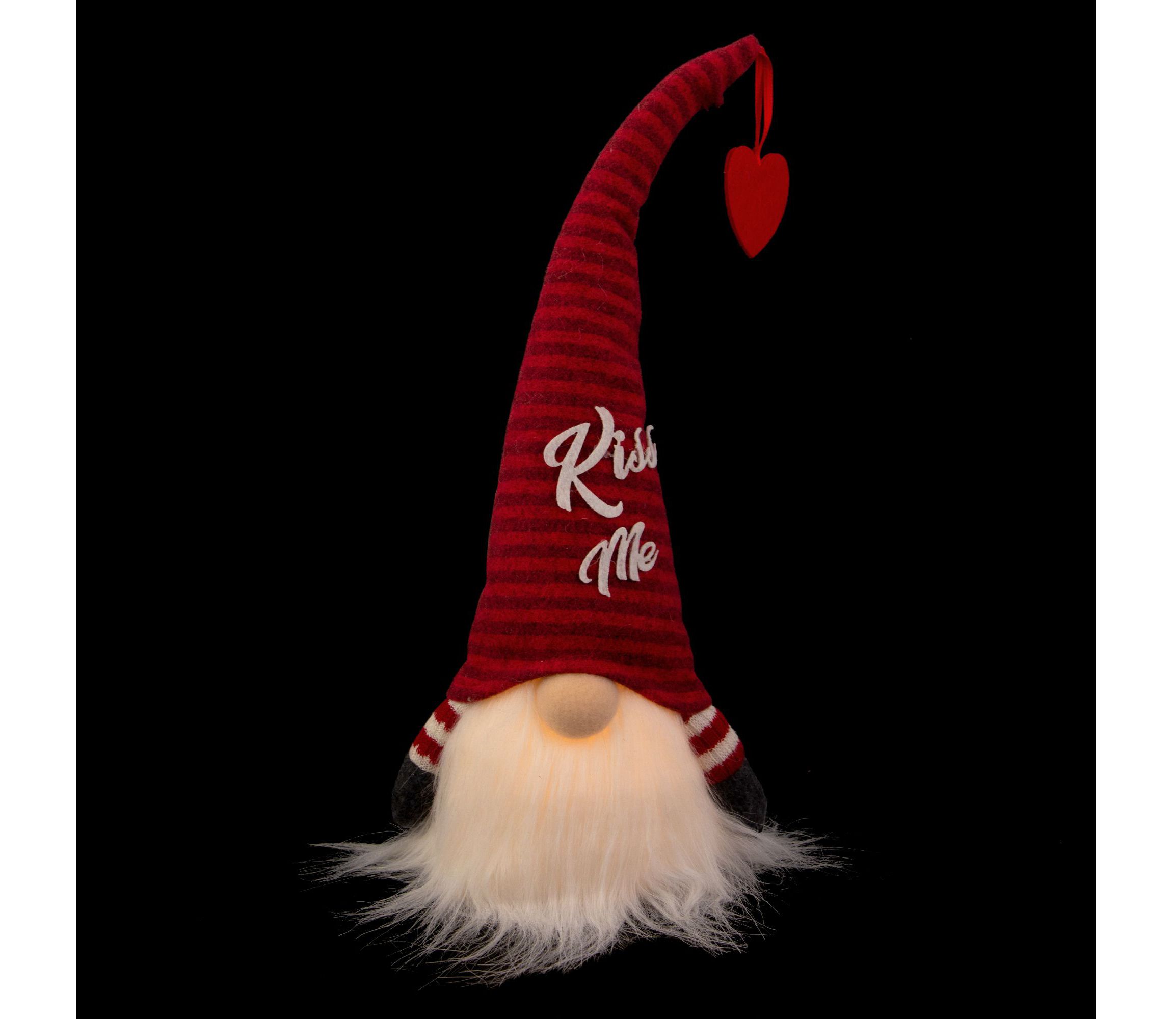 14" Lighted Red Striped Kiss Me Valentines Day Gnome