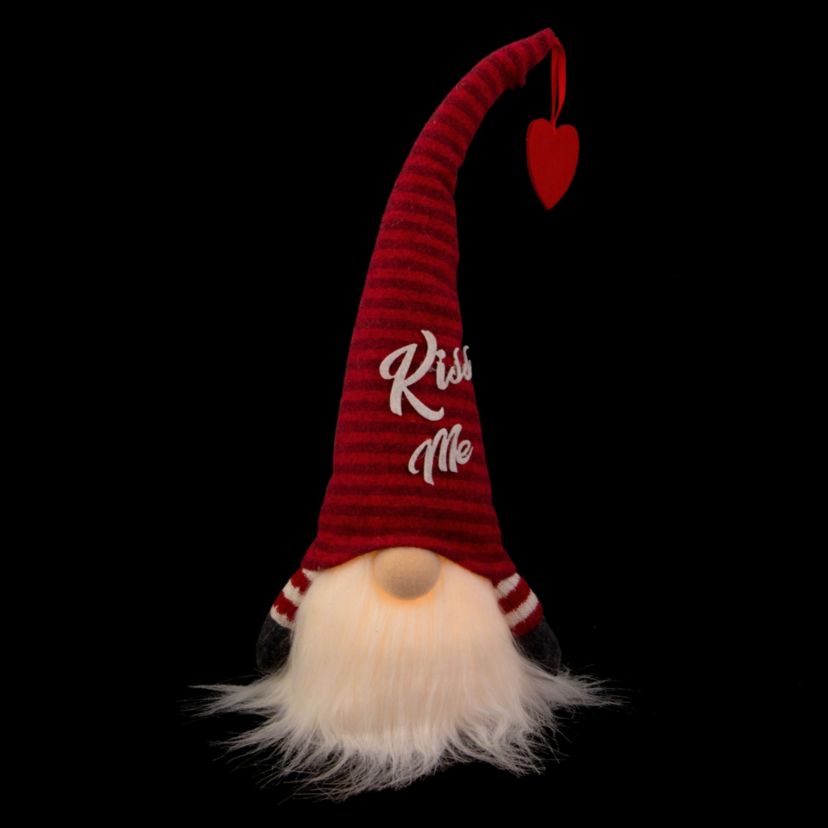 14" Lighted Red Striped Kiss Me Valentines Day Gnome