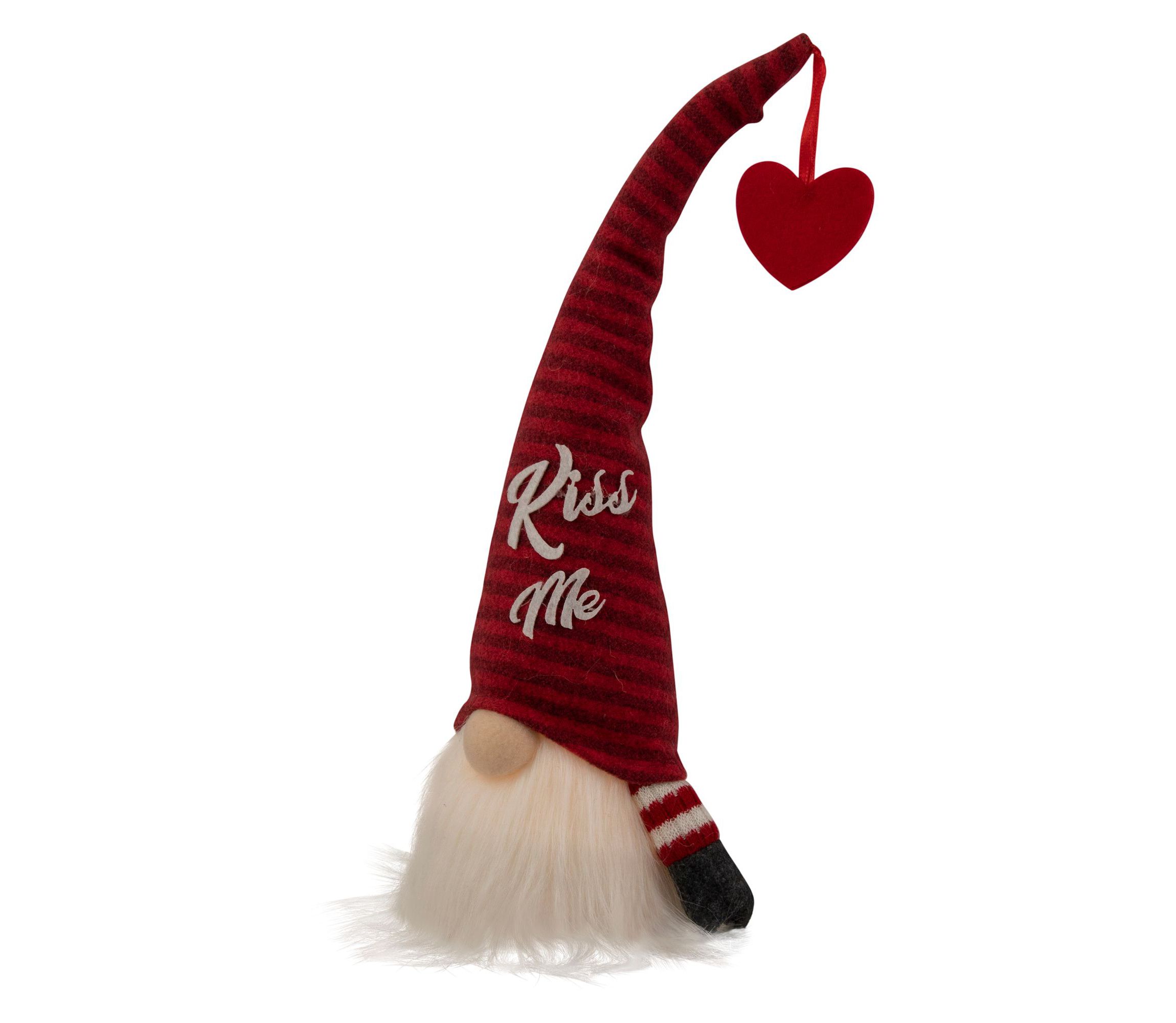 14" Lighted Red Striped Kiss Me Valentines Day Gnome