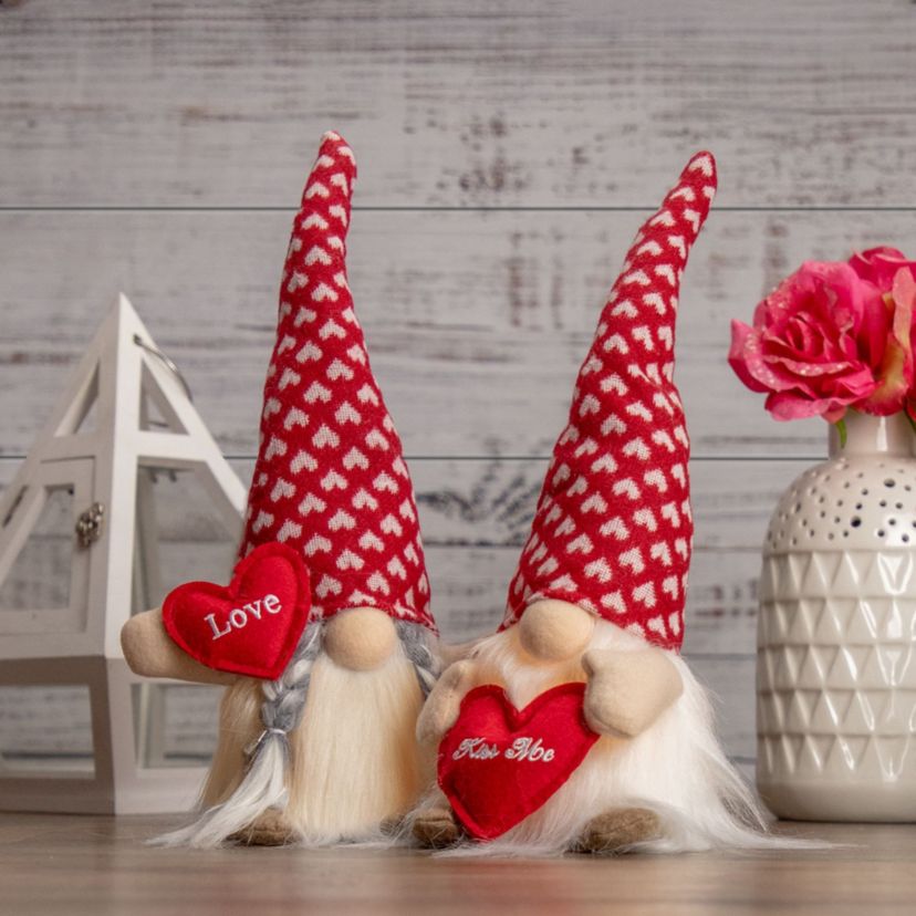 13" Lighted Girl Valentines Day Gnome with Love Heart