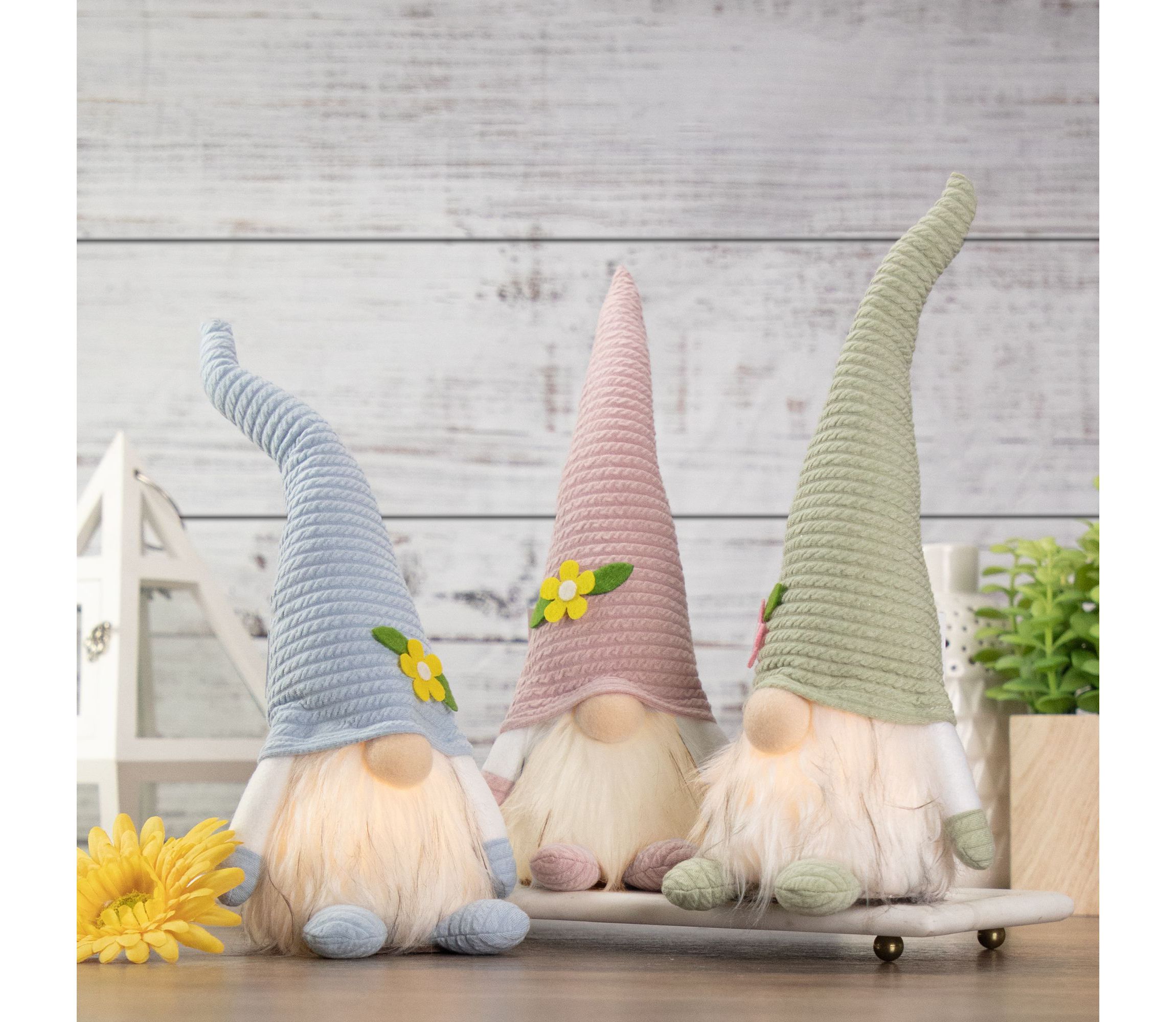 12.25" Lighted Green Spring Gnome with Flower Hat